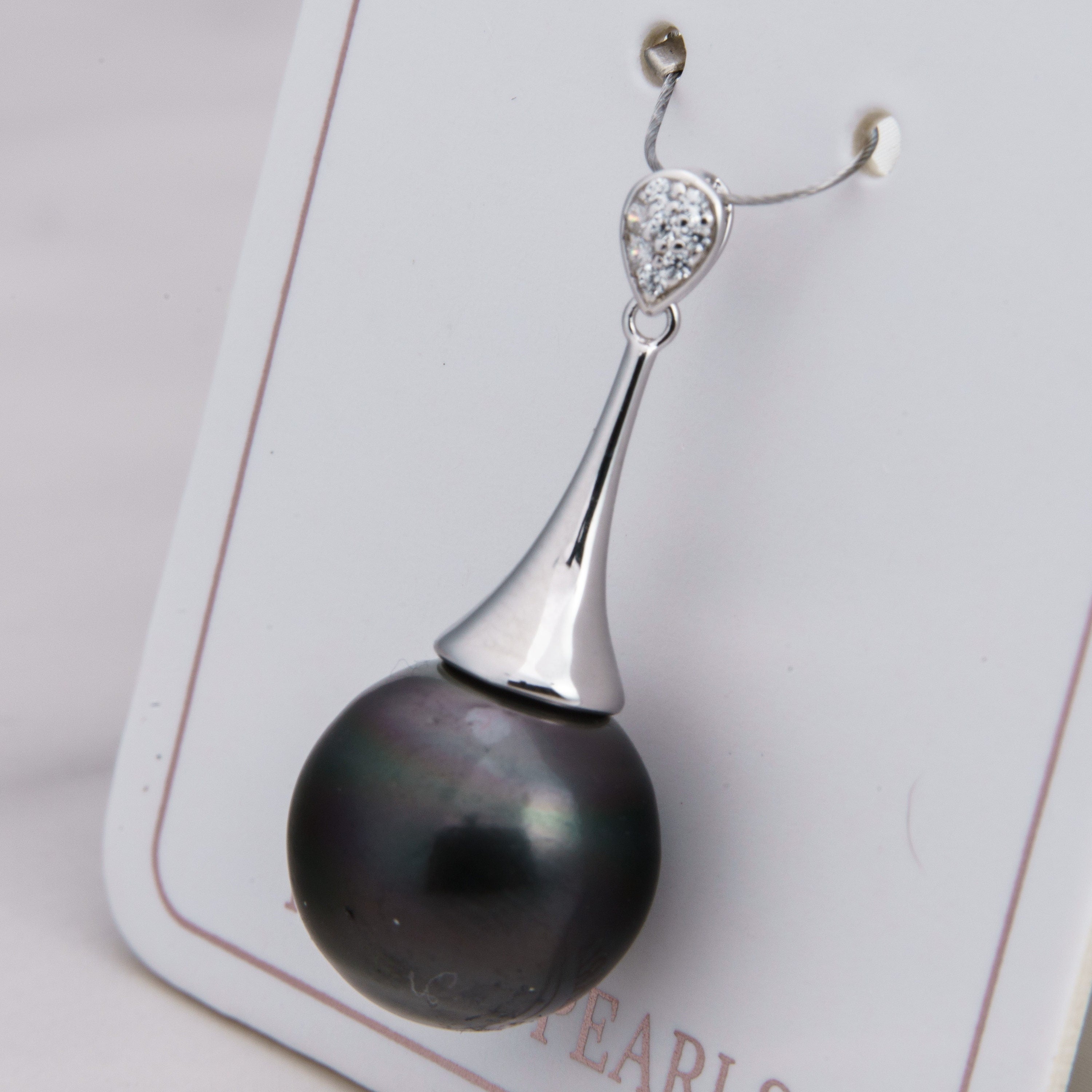 13mm tahitian pearl pendant, 925 sterling silver, rhodium finish, cubic zirconia