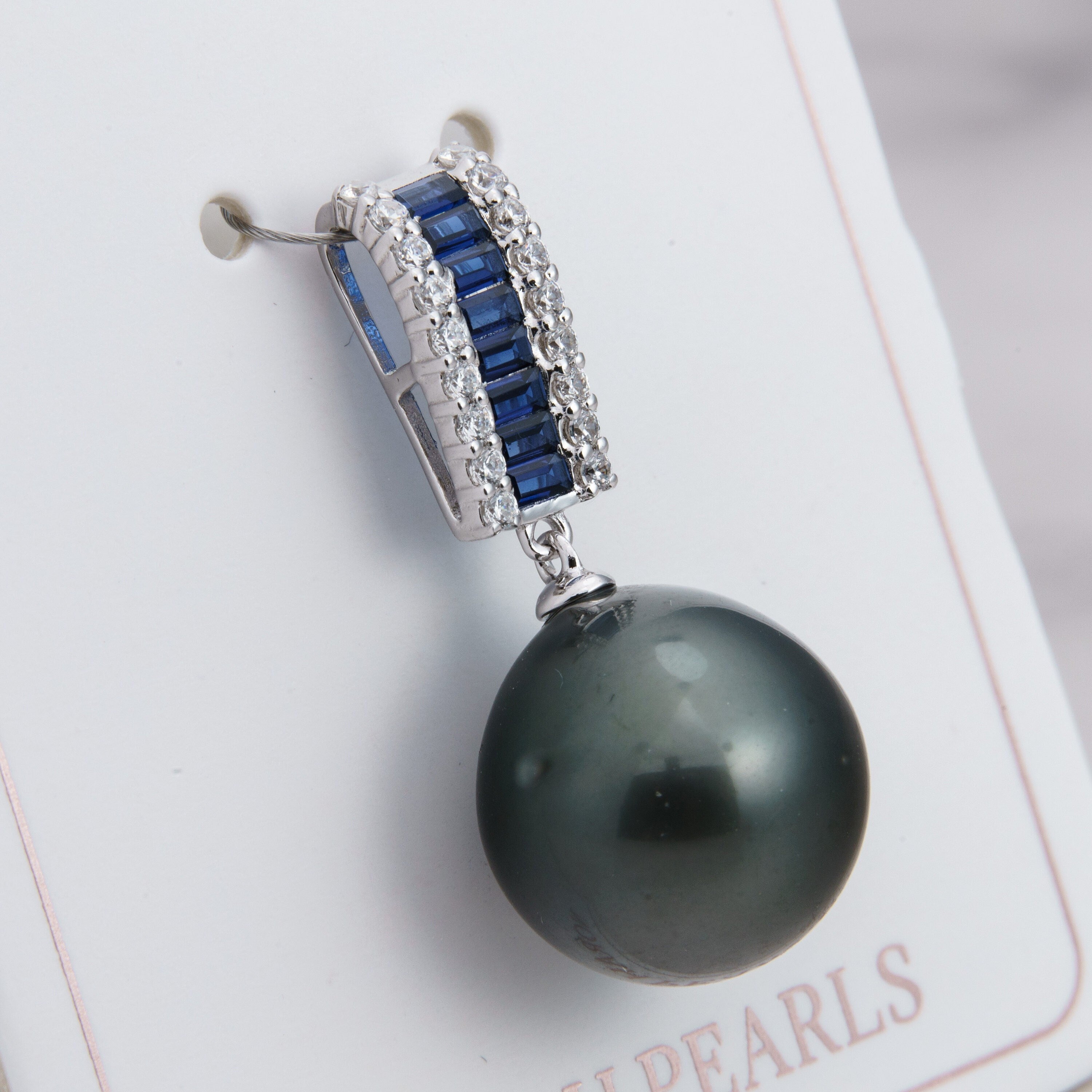 14mm tahitian pearl pendant, 925 sterling silver, rhodium finish, cubic zirconia