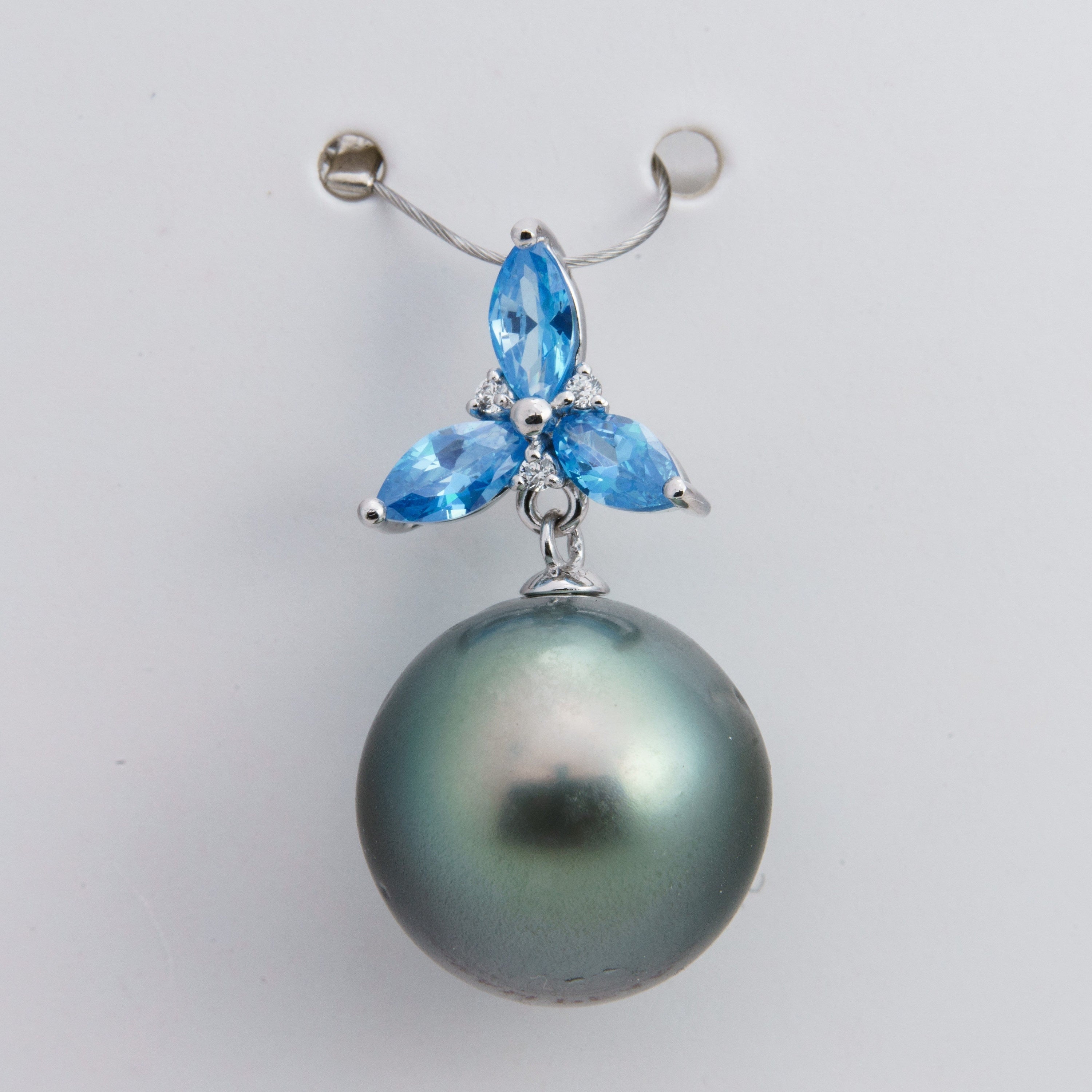 13mm tahitian pearl pendant, 925 sterling silver, rhodium finish, cubic zirconia