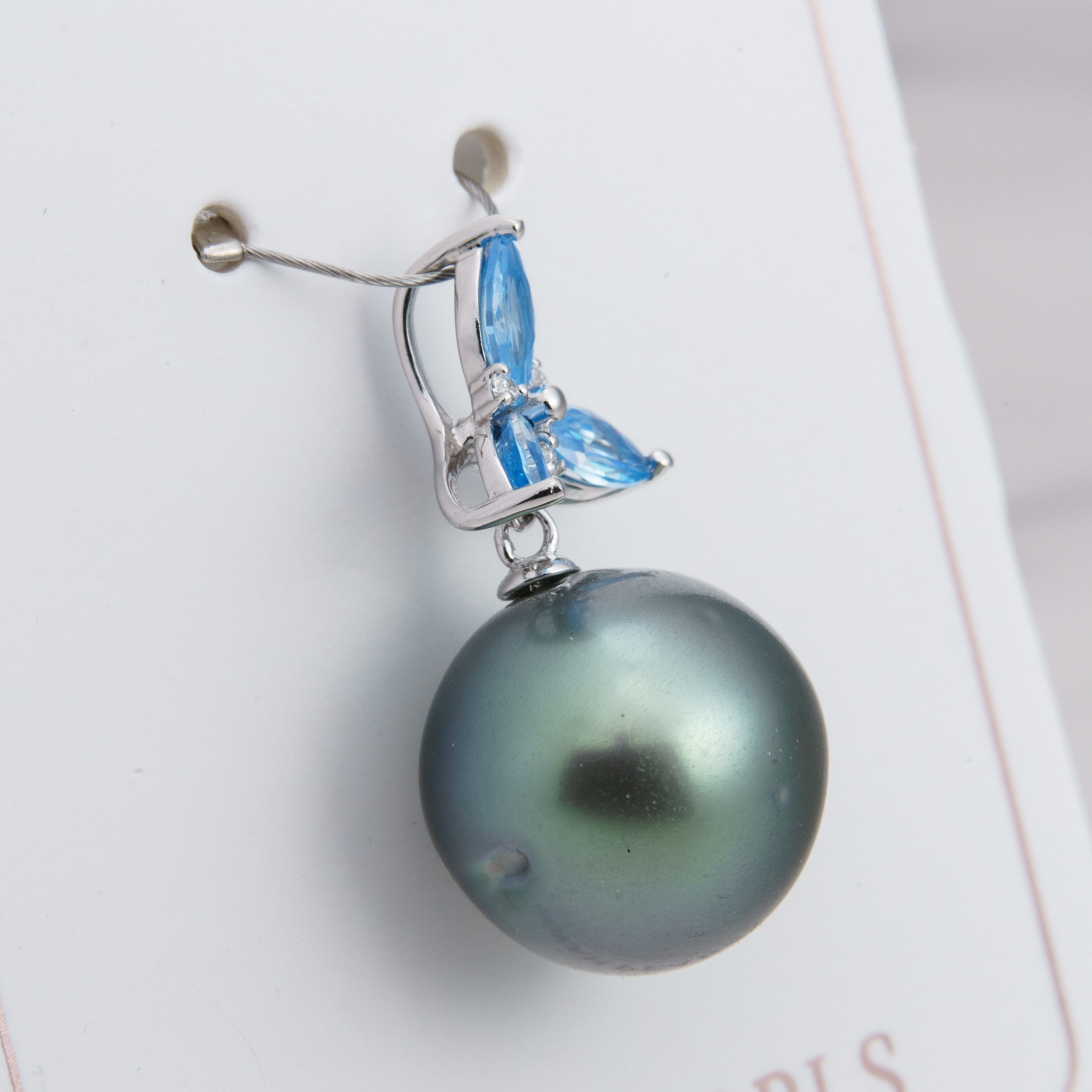 13mm tahitian pearl pendant, 925 sterling silver, rhodium finish, cubic zirconia