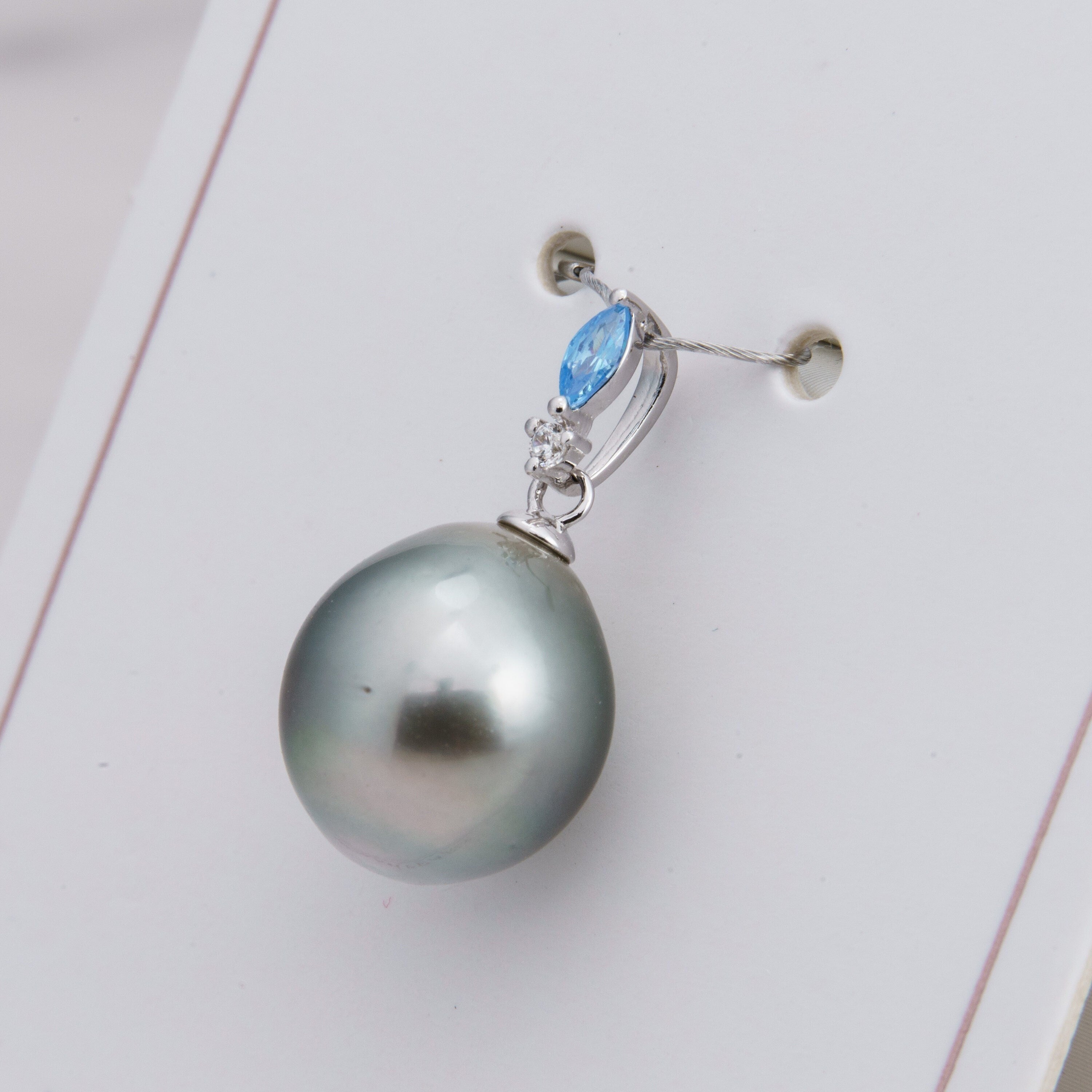 11mm tahitian pearl pendant, 925 sterling silver, rhodium finish, cubic zirconia