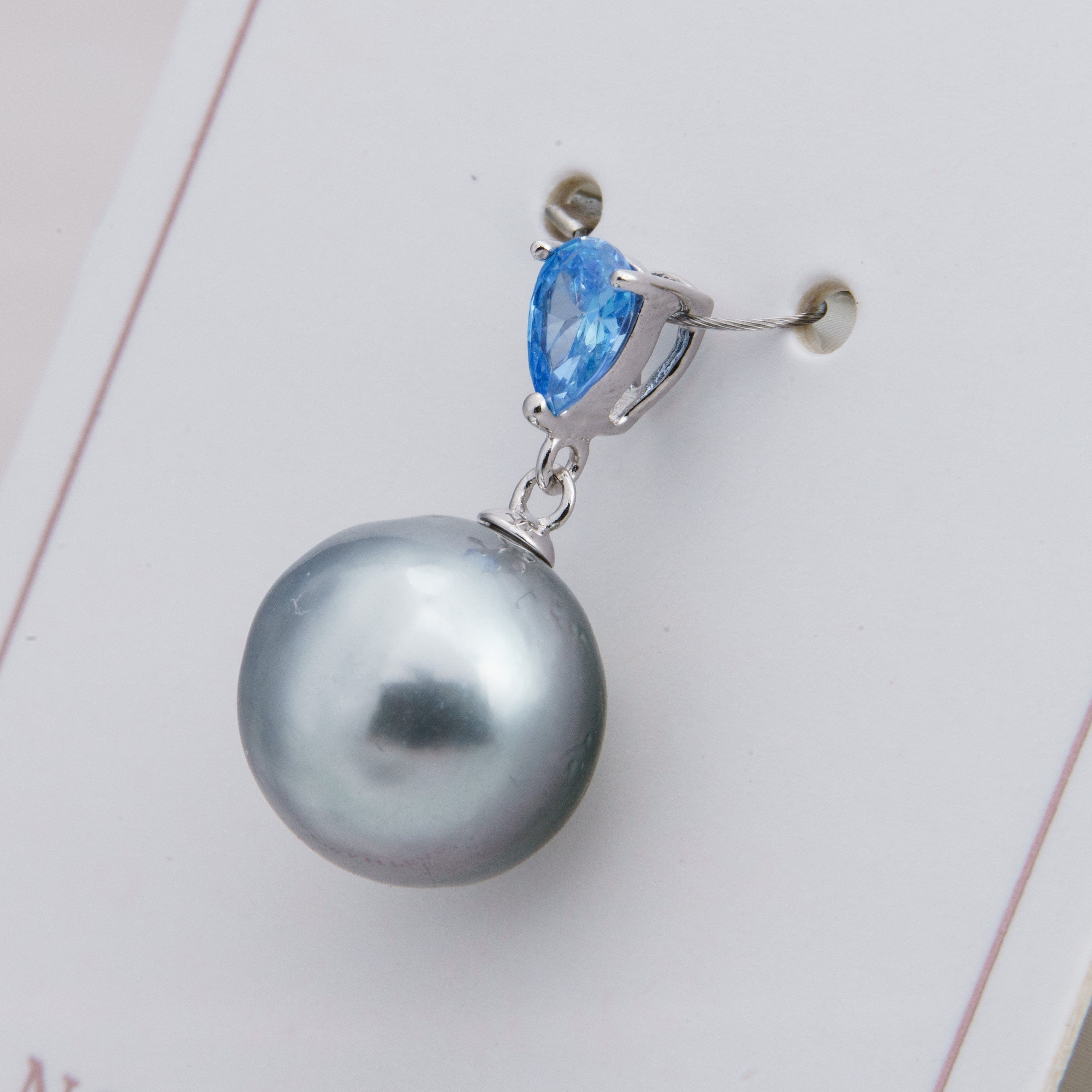 12mm tahitian pearl pendant, 925 sterling silver, rhodium finish, cubic zirconia