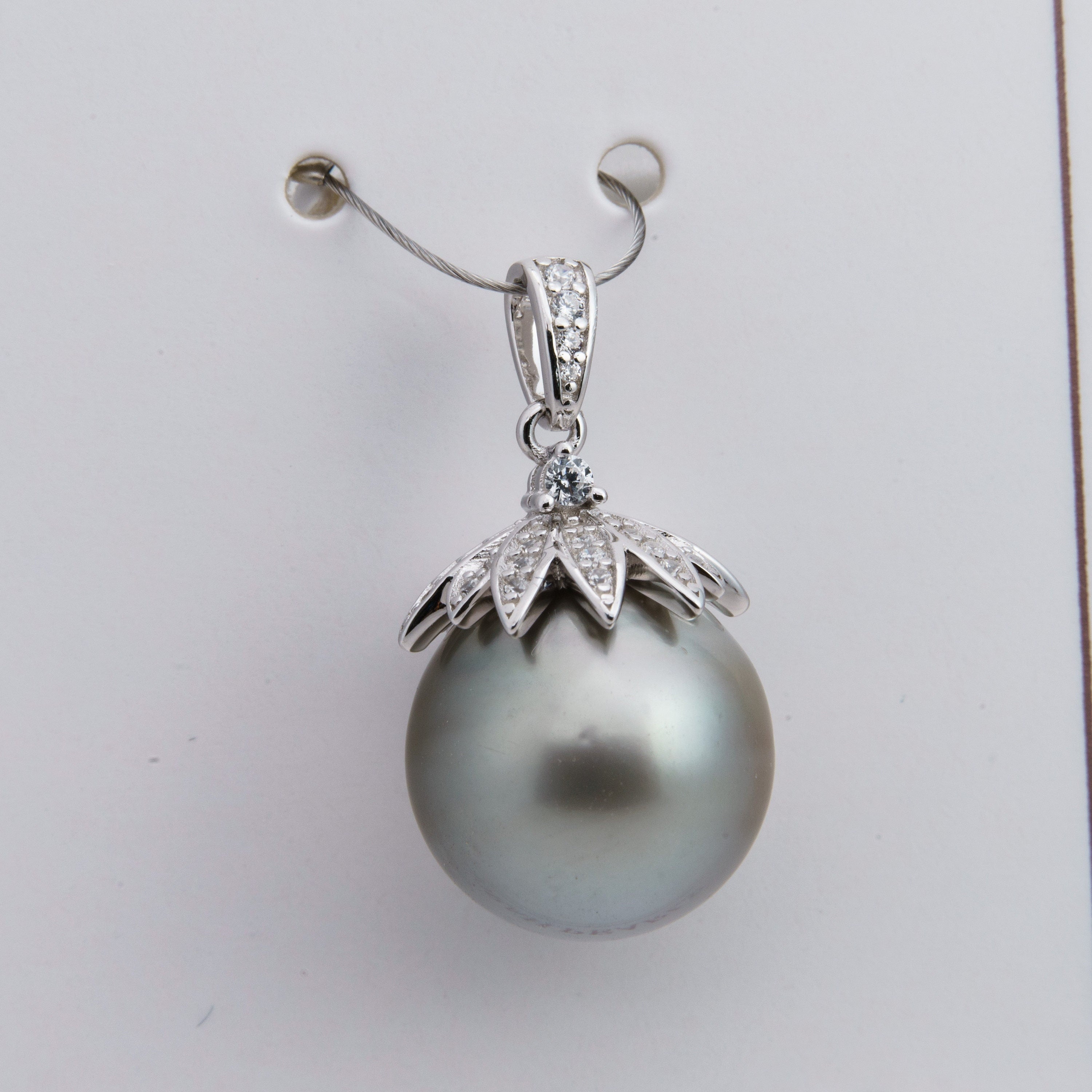 13mm tahitian pearl pendant, 925 sterling silver, rhodium finish, cubic zirconia