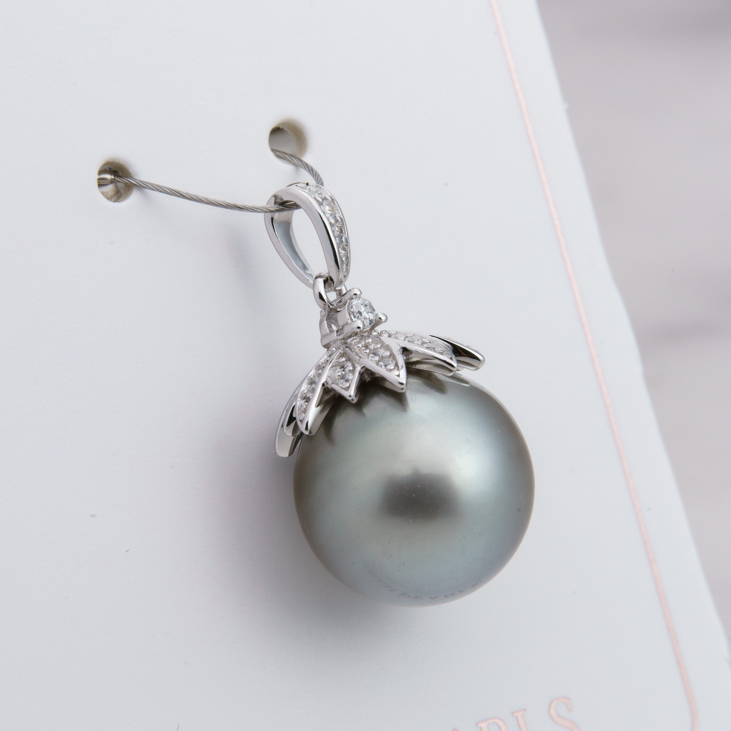 13mm tahitian pearl pendant, 925 sterling silver, rhodium finish, cubic zirconia