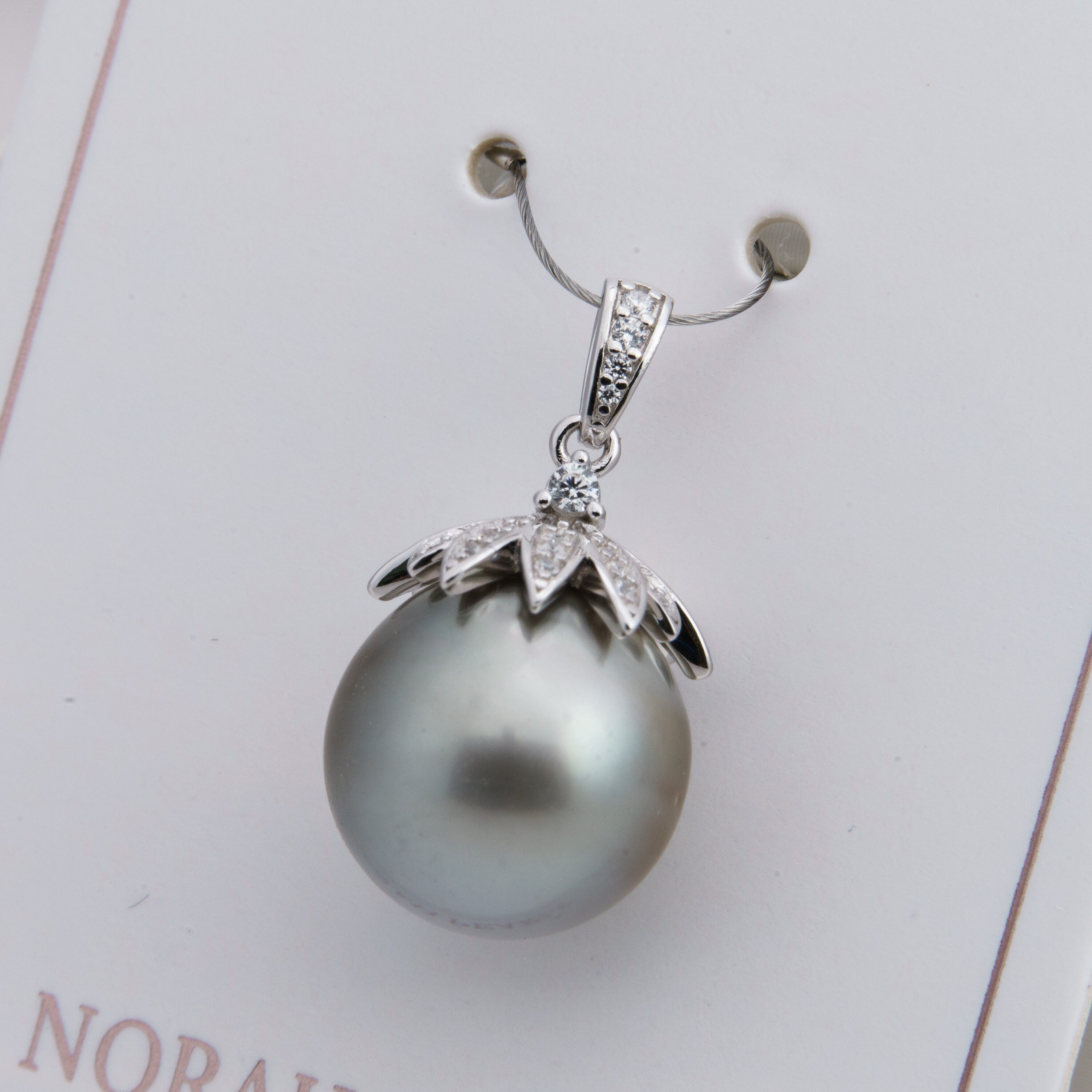 13mm tahitian pearl pendant, 925 sterling silver, rhodium finish, cubic zirconia