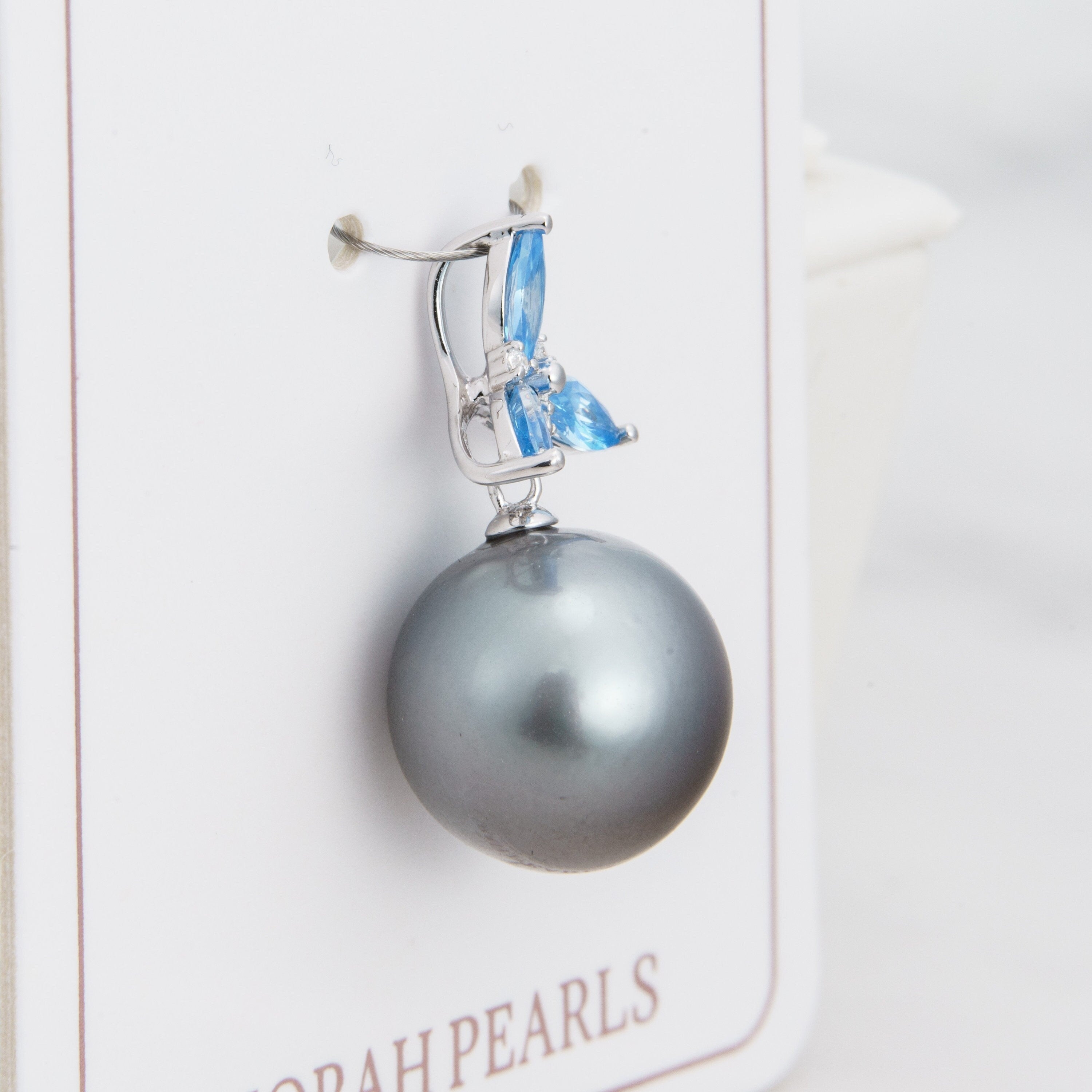 13mm tahitian pearl pendant, 925 sterling silver, rhodium finish, cubic zirconia