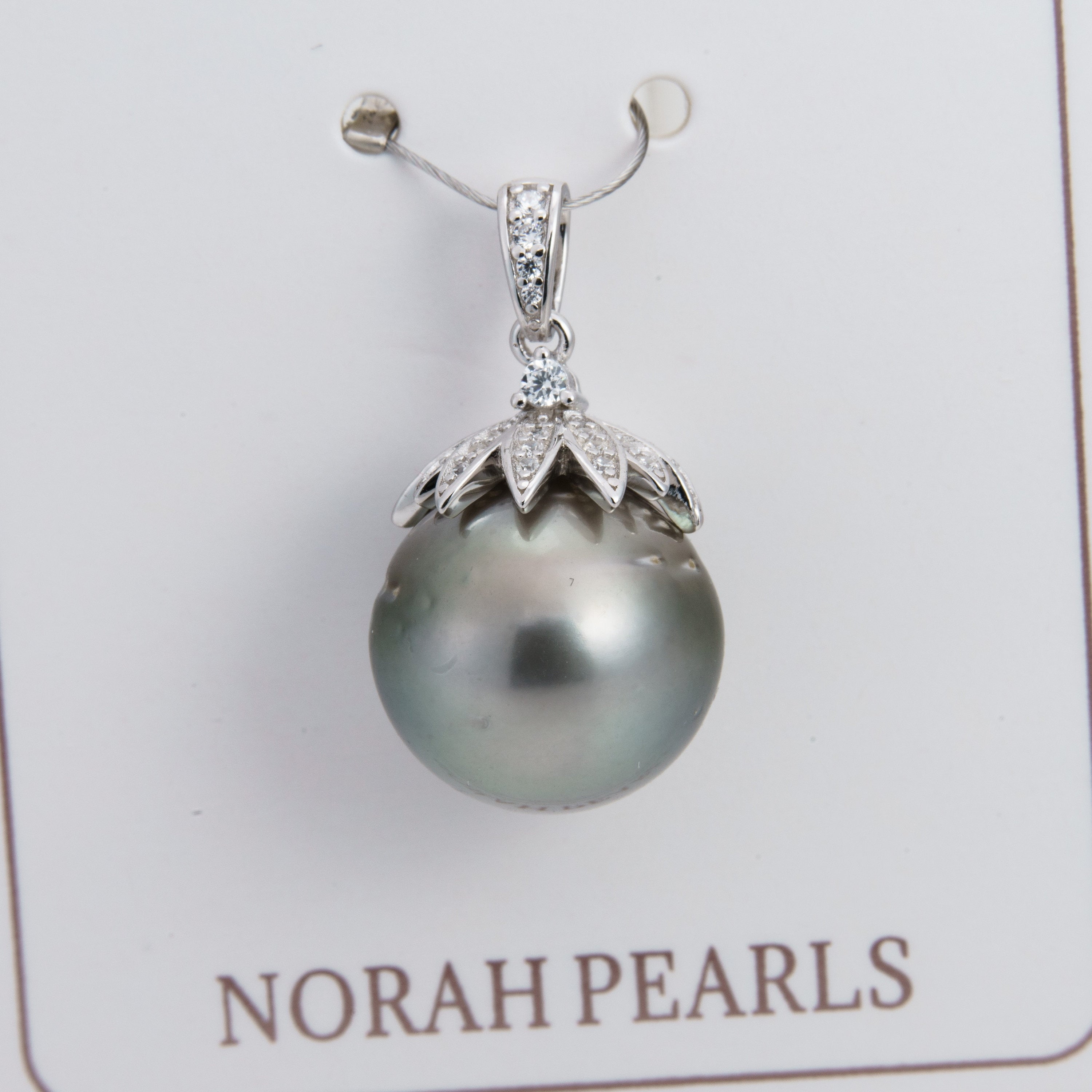 13mm tahitian pearl pendant, 925 sterling silver, rhodium finish, cubic zirconia