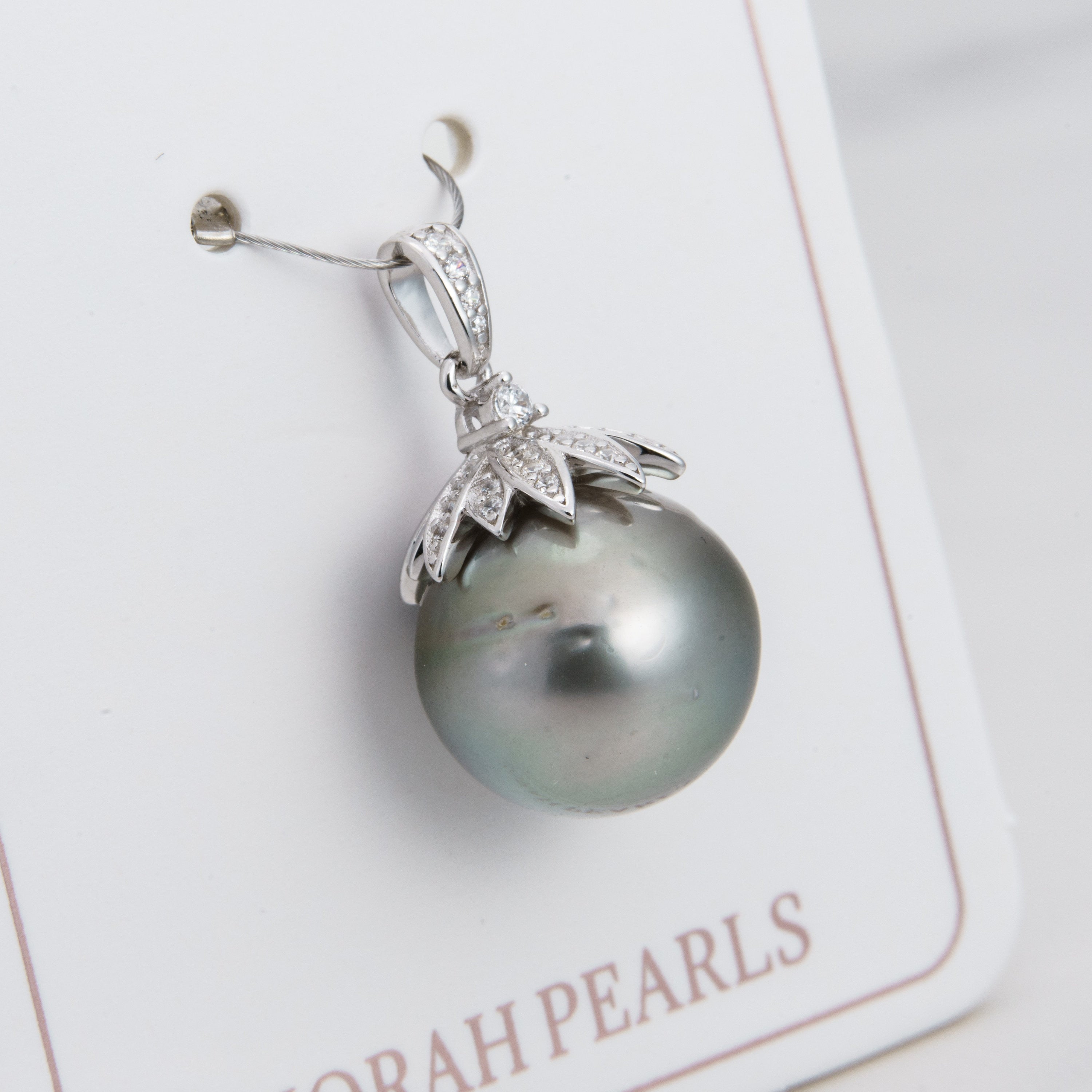 13mm tahitian pearl pendant, 925 sterling silver, rhodium finish, cubic zirconia