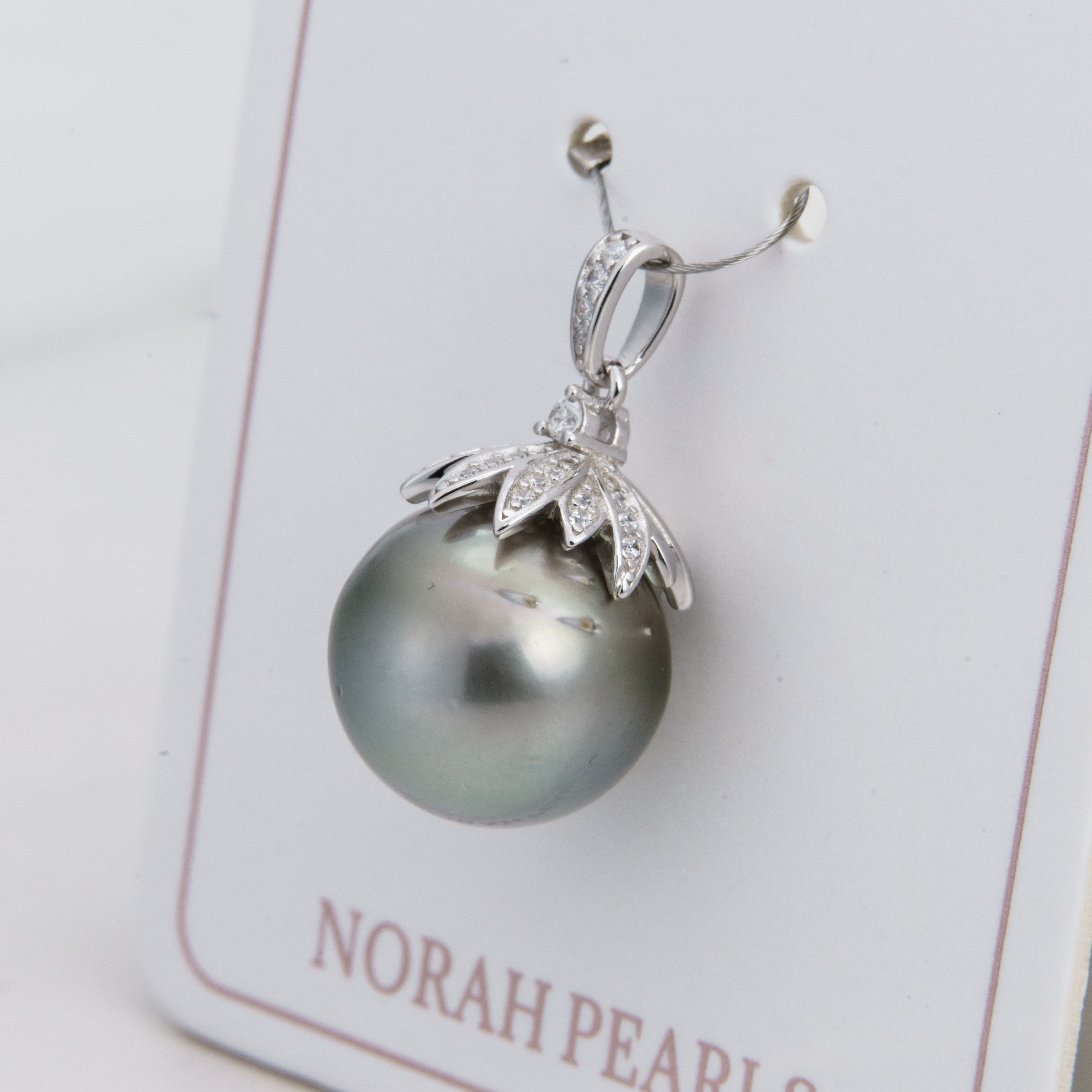 13mm tahitian pearl pendant, 925 sterling silver, rhodium finish, cubic zirconia