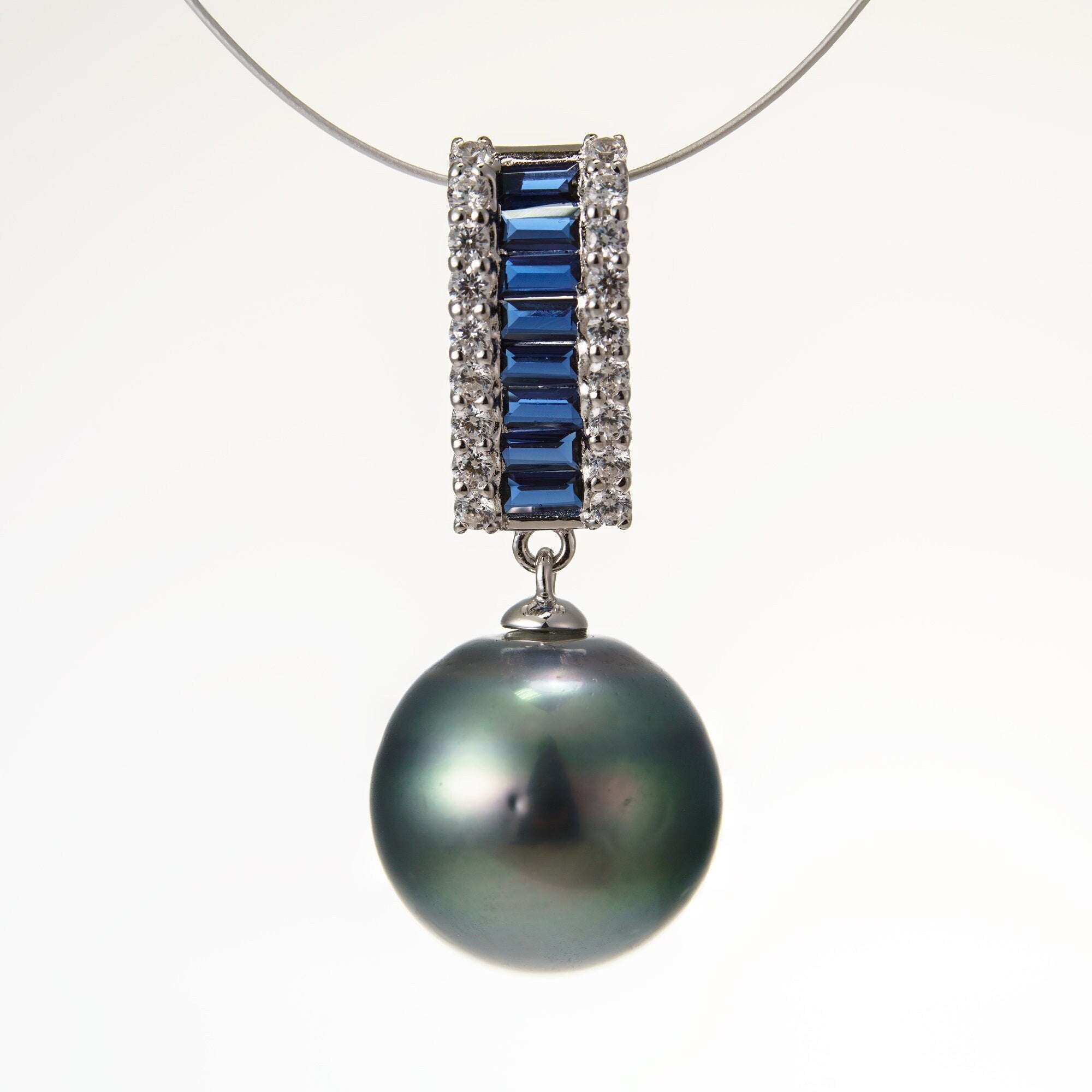 12mm tahitian pearl pendant, 925 sterling silver, rhodium finish, cubic zirconia