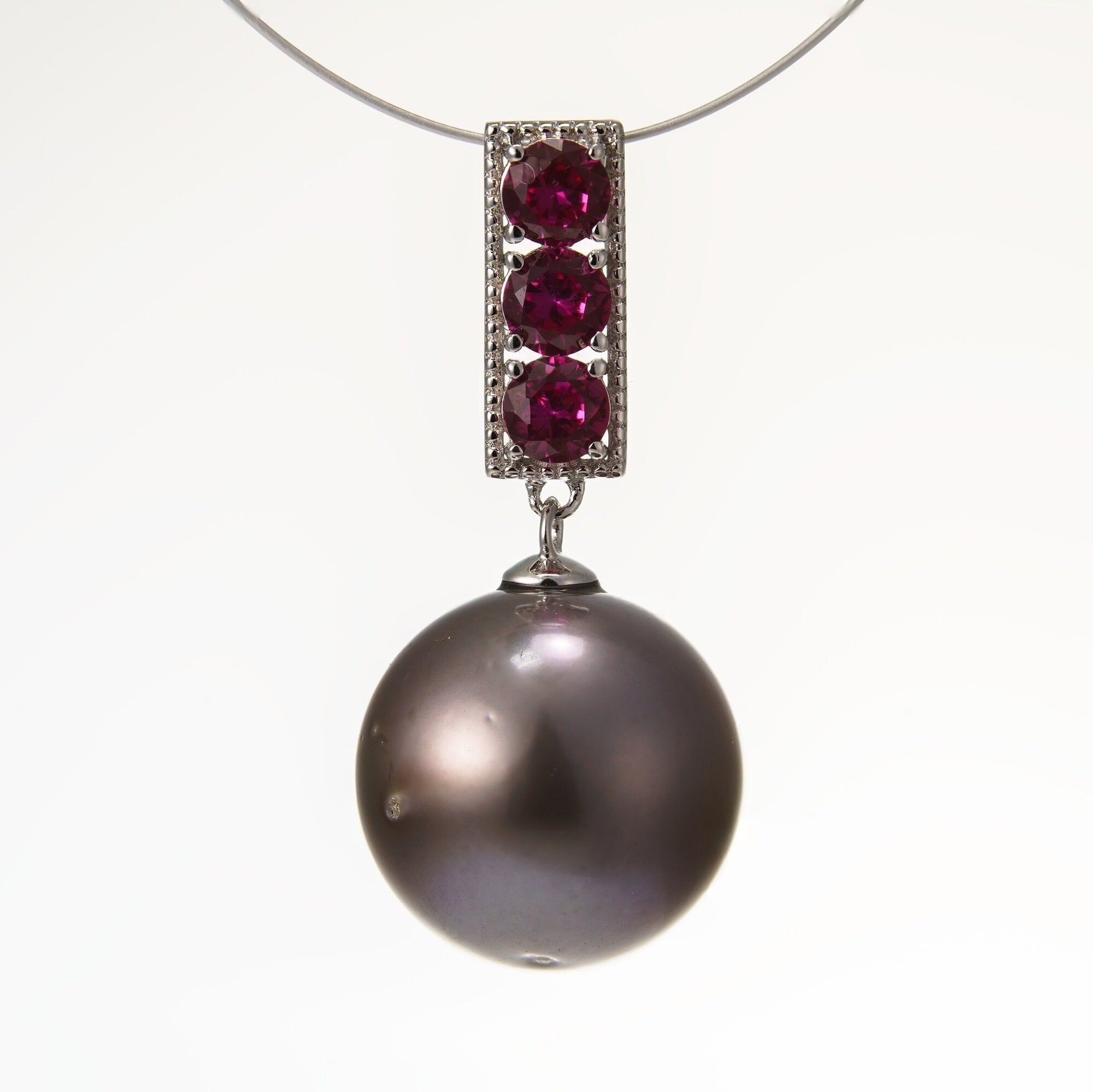 13mm tahitian pearl pendant, 925 sterling silver, rhodium finish, cubic zirconia