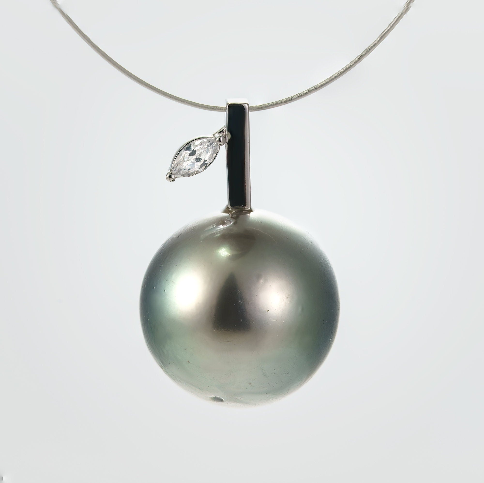 13mm tahitian pearl pendant, 925 sterling silver, rhodium finish, cubic zirconia