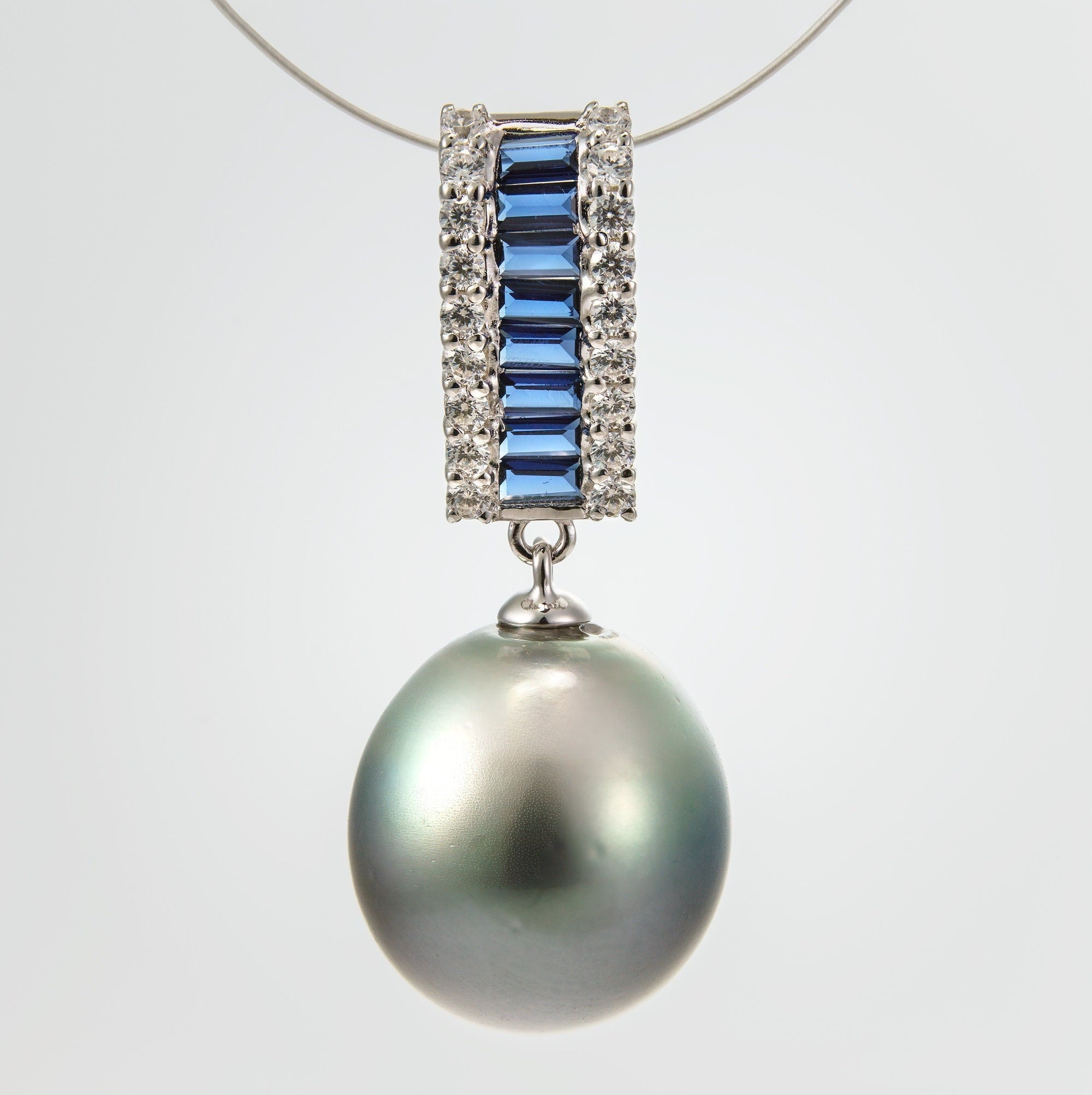 12mm tahitian pearl pendant, 925 sterling silver, rhodium finish, cubic zirconia