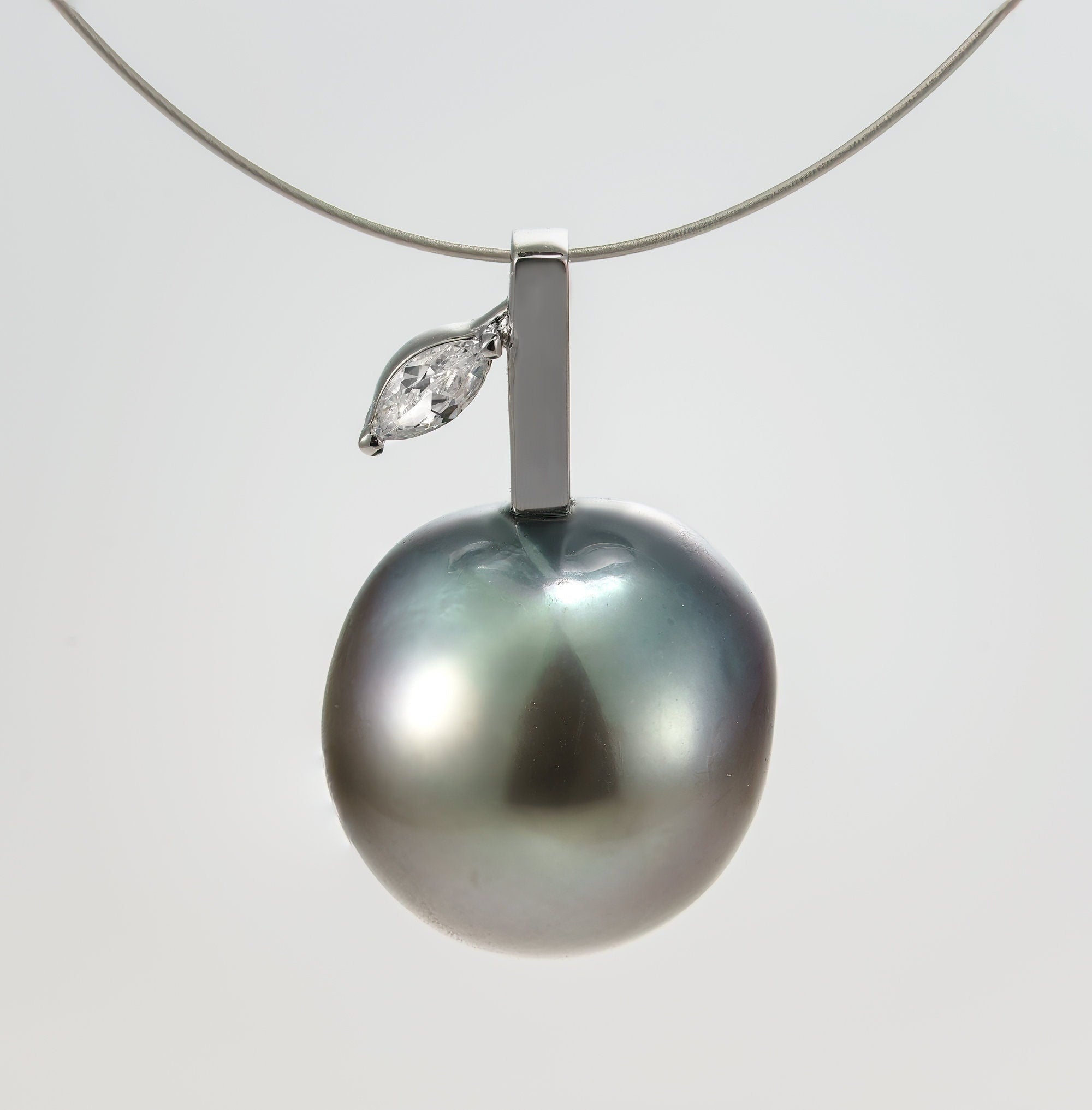 12mm tahitian pearl pendant, 925 sterling silver, rhodium finish, cubic zirconia