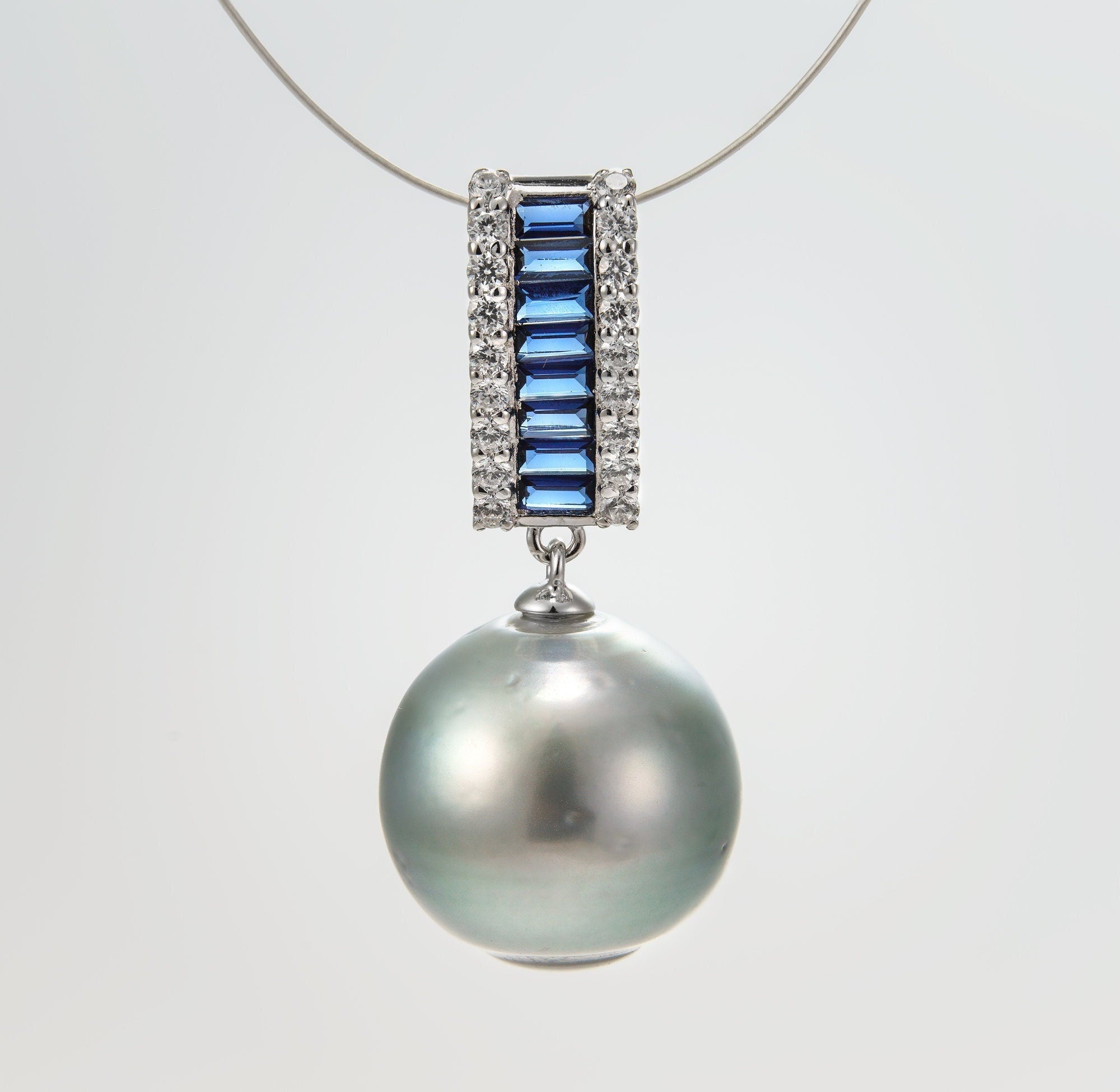 14mm tahitian pearl pendant, 925 sterling silver, rhodium finish, cubic zirconia