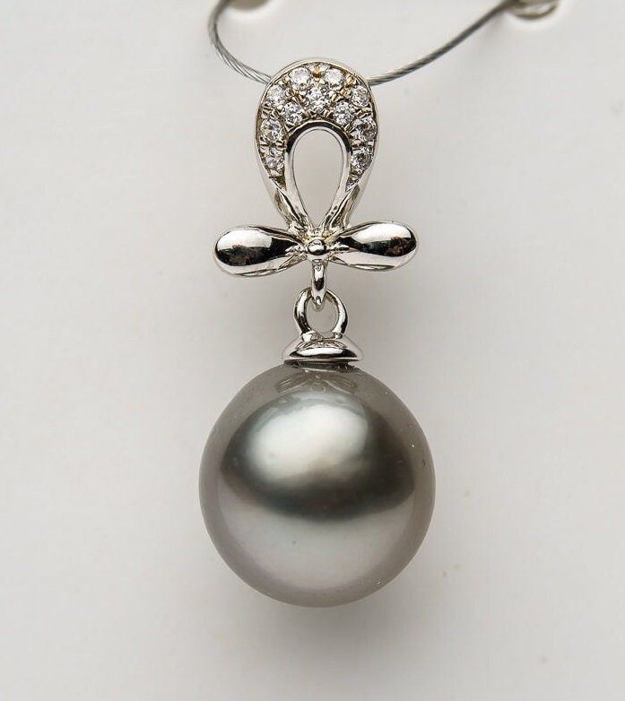 9mm tahitian pearl pendant, 925 sterling silver, rhodium finish, cubic zirconia -