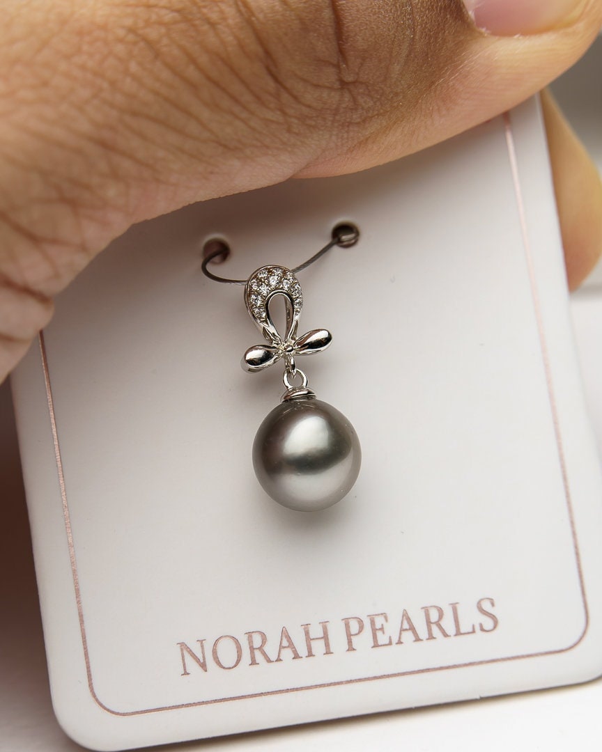 9mm tahitian pearl pendant, 925 sterling silver, rhodium finish, cubic zirconia -