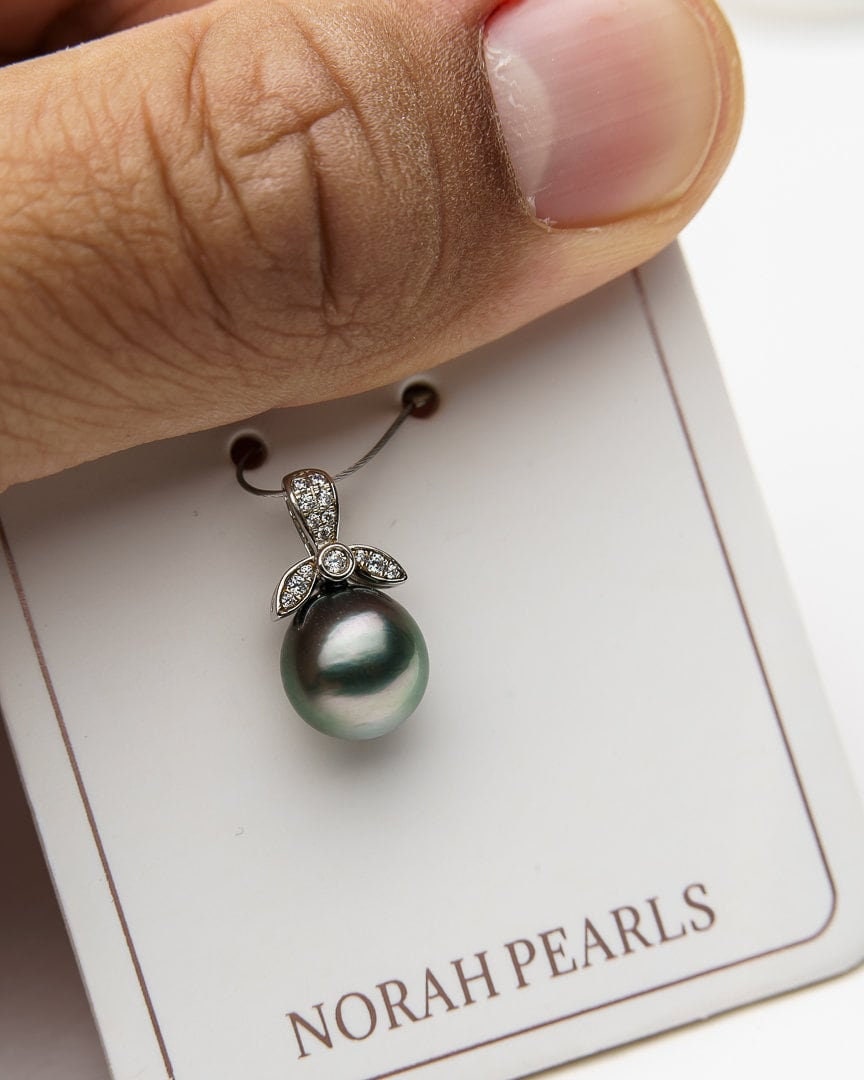 8mm tahitian pearl pendant, 925 sterling silver, rhodium finish, cubic zirconia - norahpearls