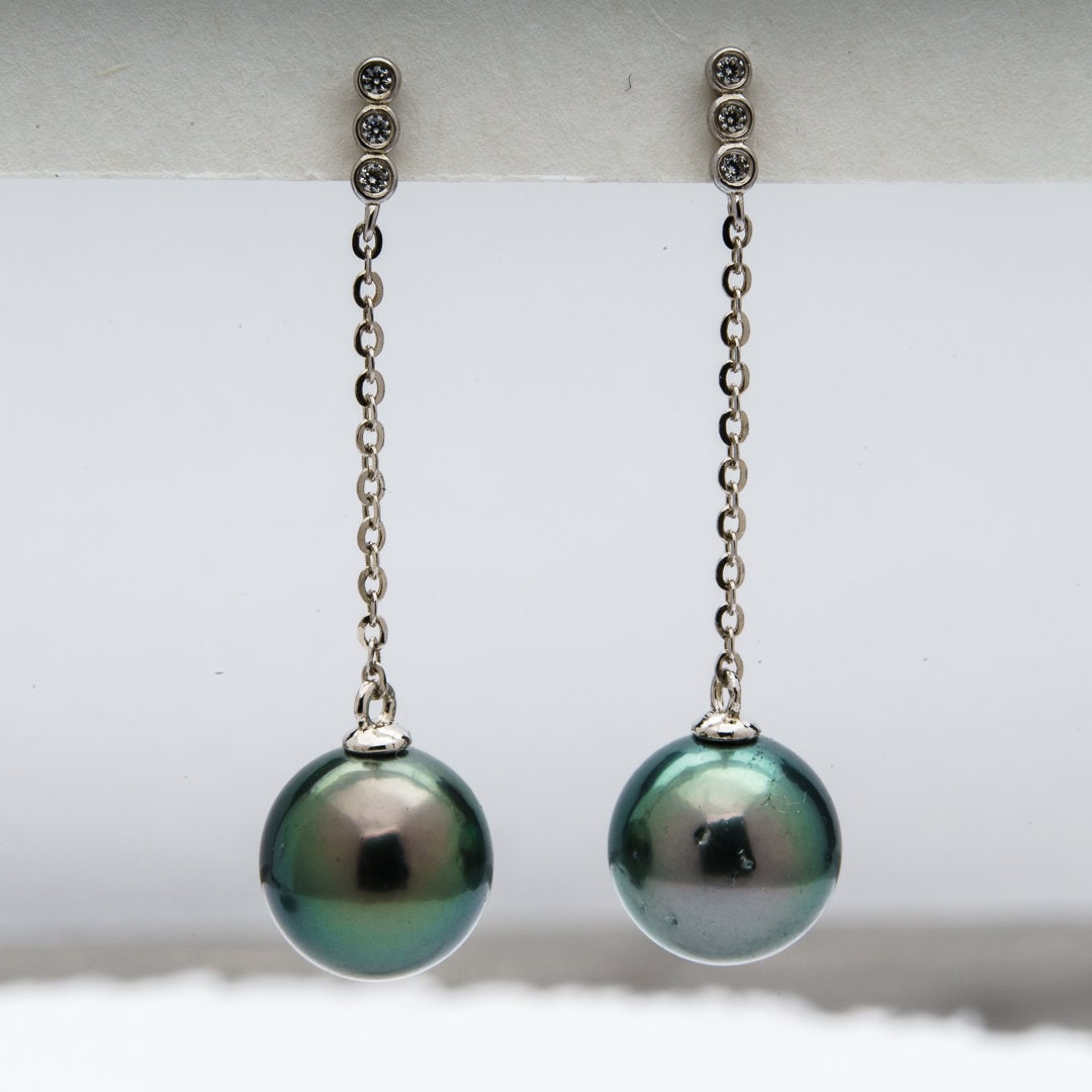 9mm Tahitian Pearl Dangle Earrings - Sterling Silver with Rhodium Finish & Cubic Zirconia