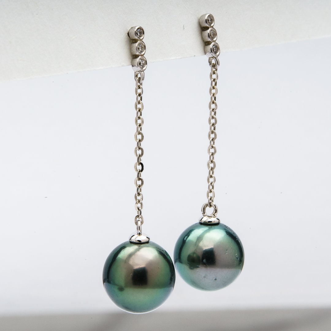 9mm Tahitian Pearl Dangle Earrings - Sterling Silver with Rhodium Finish & Cubic Zirconia