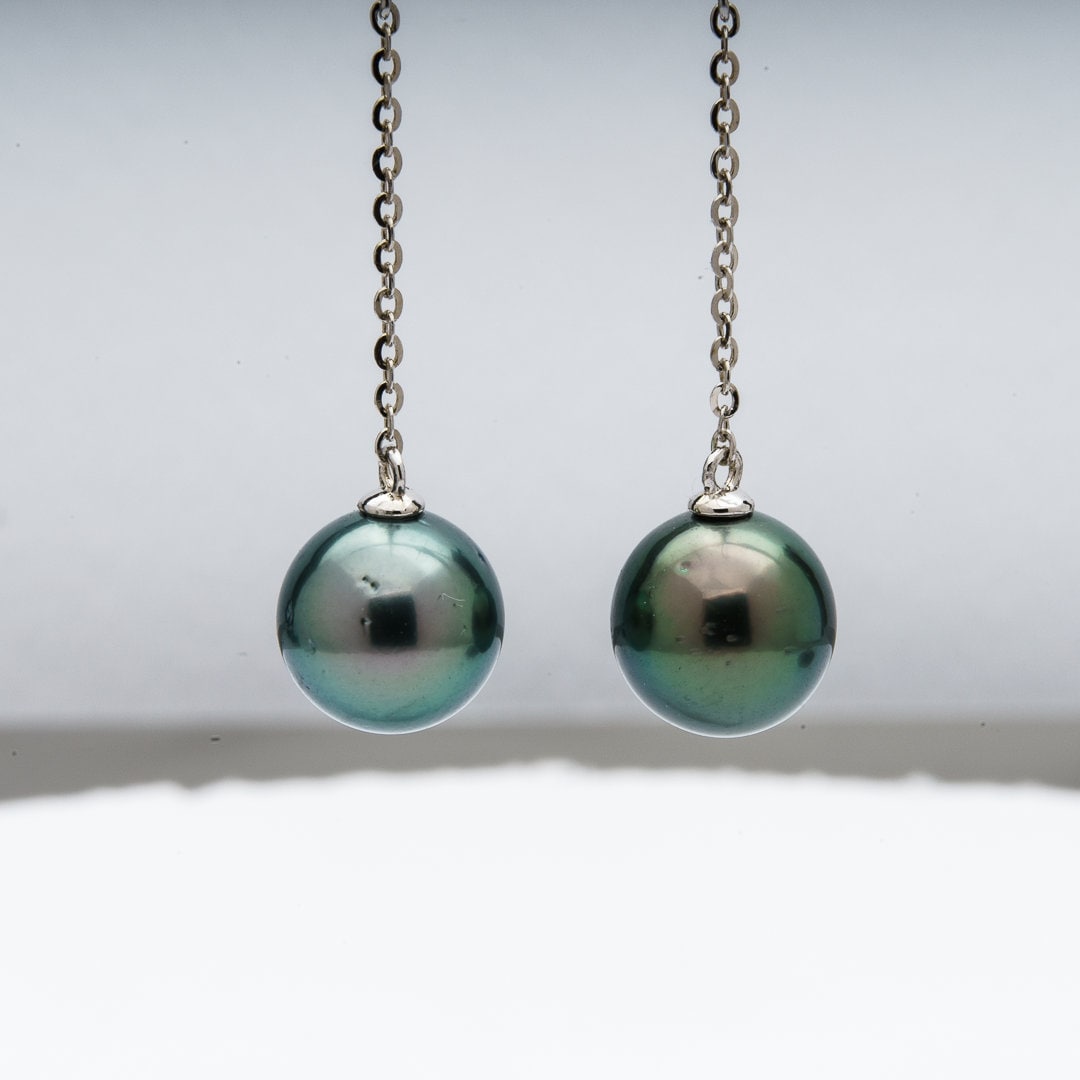 9mm Tahitian Pearl Dangle Earrings - Sterling Silver with Rhodium Finish & Cubic Zirconia