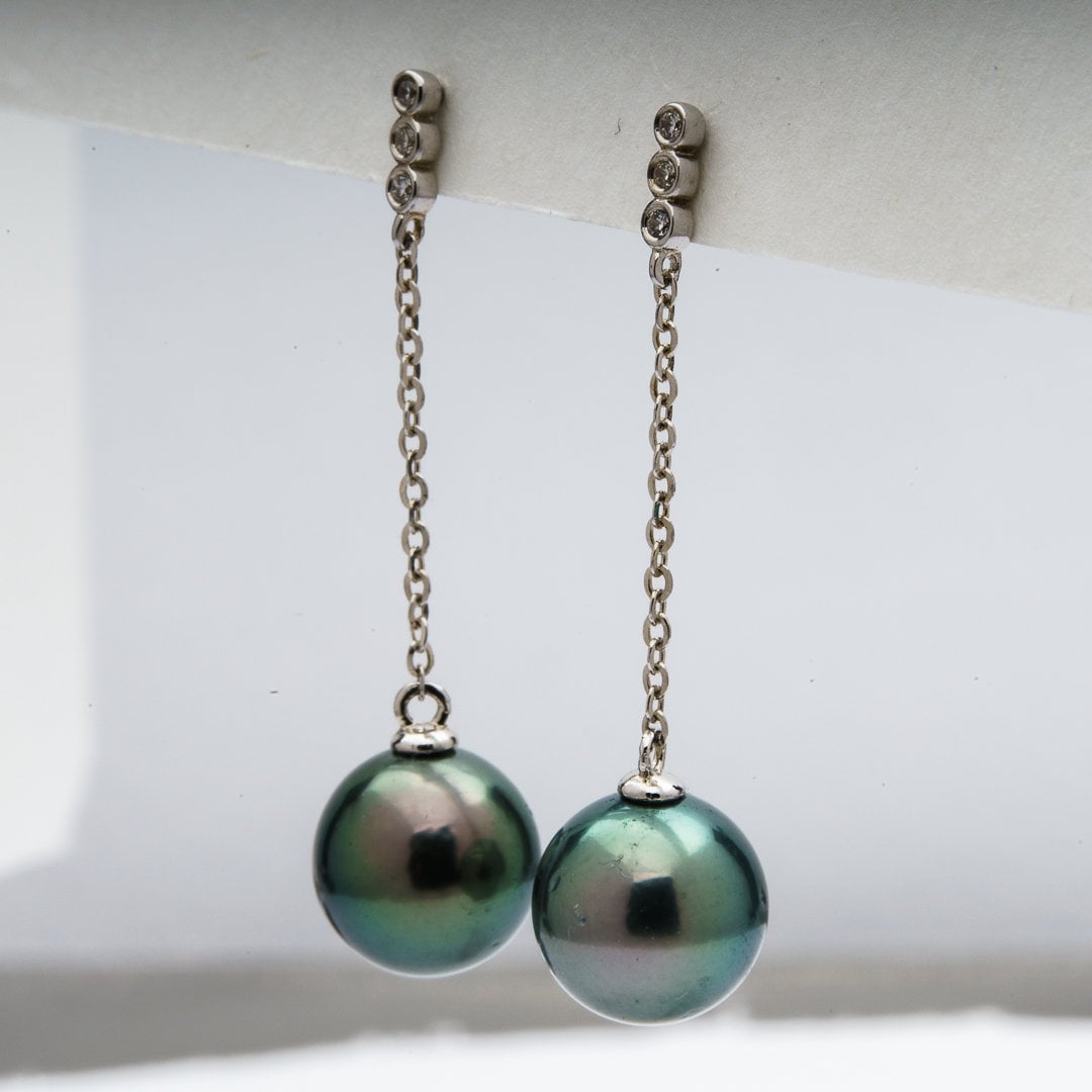 9mm Tahitian Pearl Dangle Earrings - Sterling Silver with Rhodium Finish & Cubic Zirconia