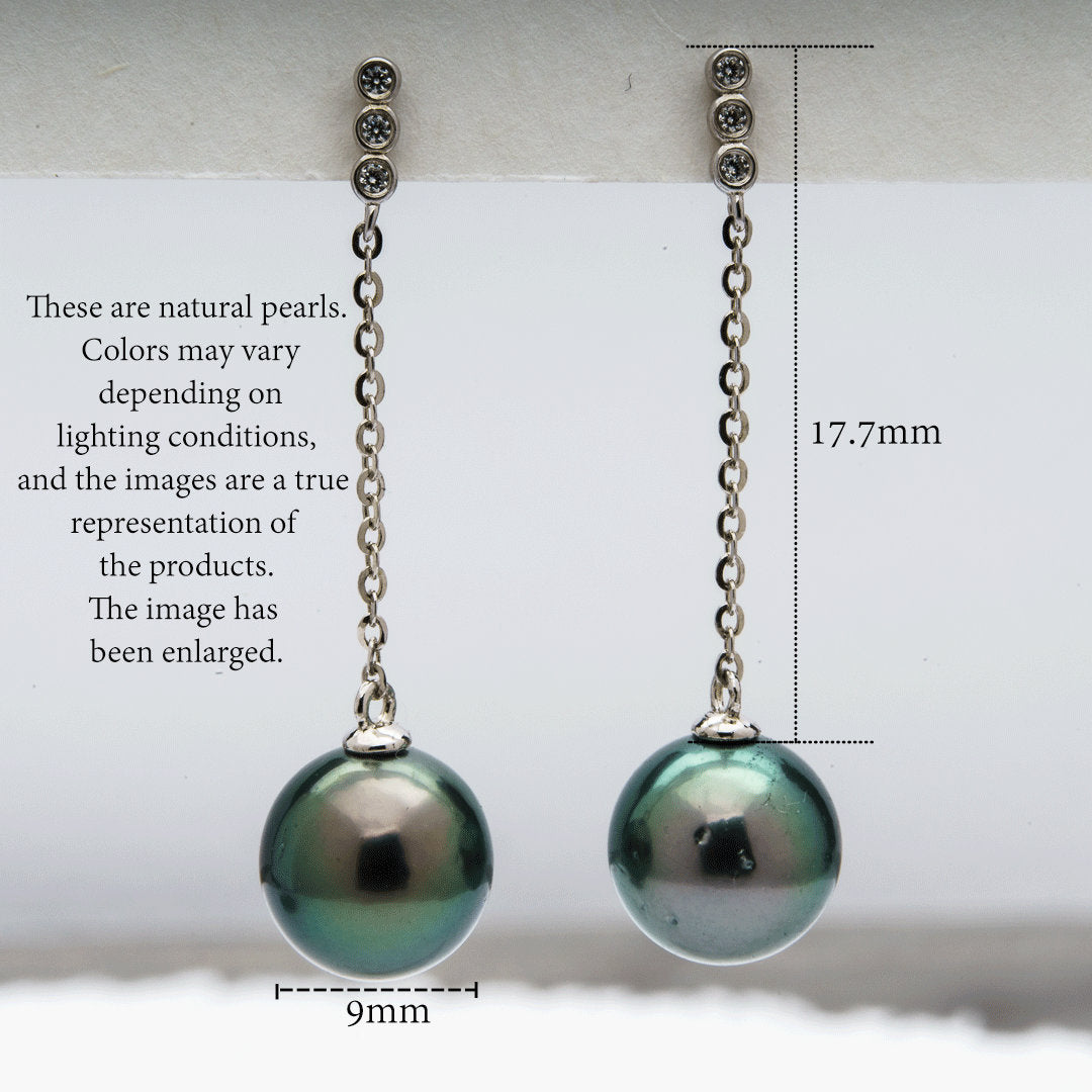 9mm Tahitian Pearl Dangle Earrings - Sterling Silver with Rhodium Finish & Cubic Zirconia