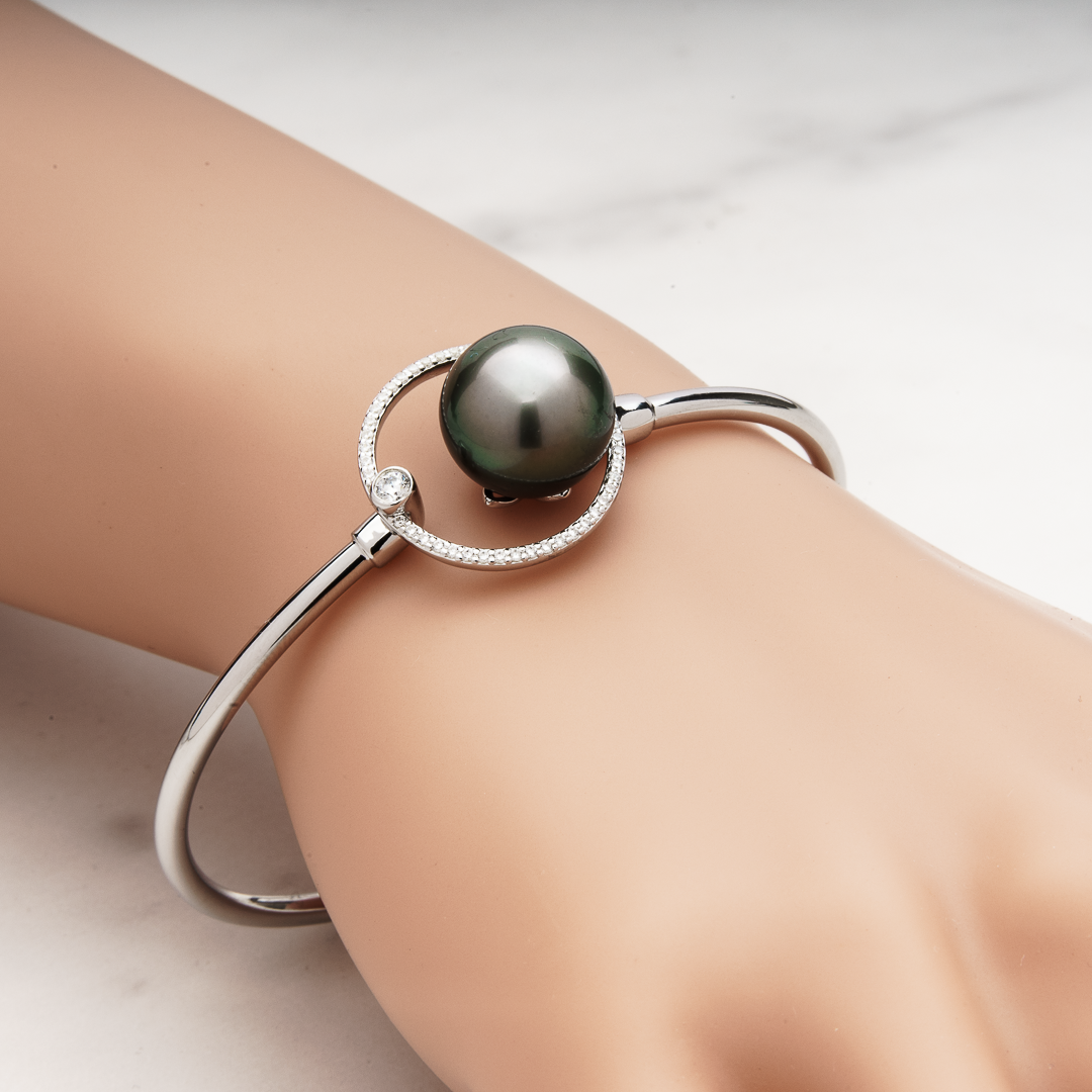 12mm tahitian pearl bangle bracelet, 925 sterling silver with cubic zirconia, 57mm rhodium plating
