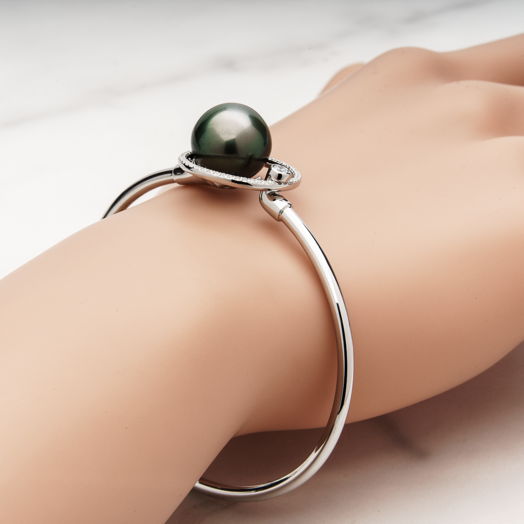 12mm tahitian pearl bangle bracelet, 925 sterling silver with cubic zirconia, 57mm rhodium plating
