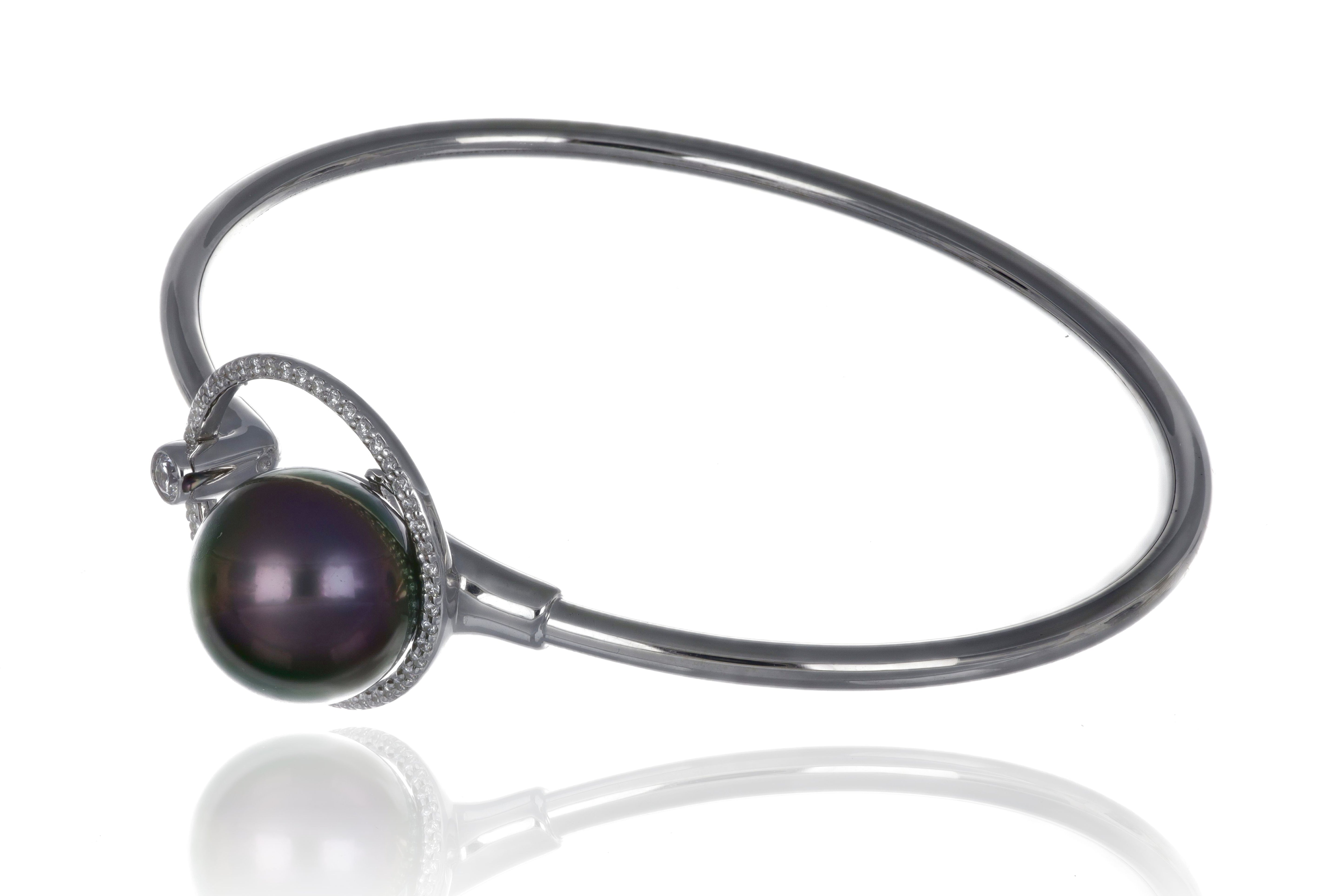 12mm tahitian pearl bangle bracelet, 925 sterling silver with cubic zirconia, 57mm rhodium plating