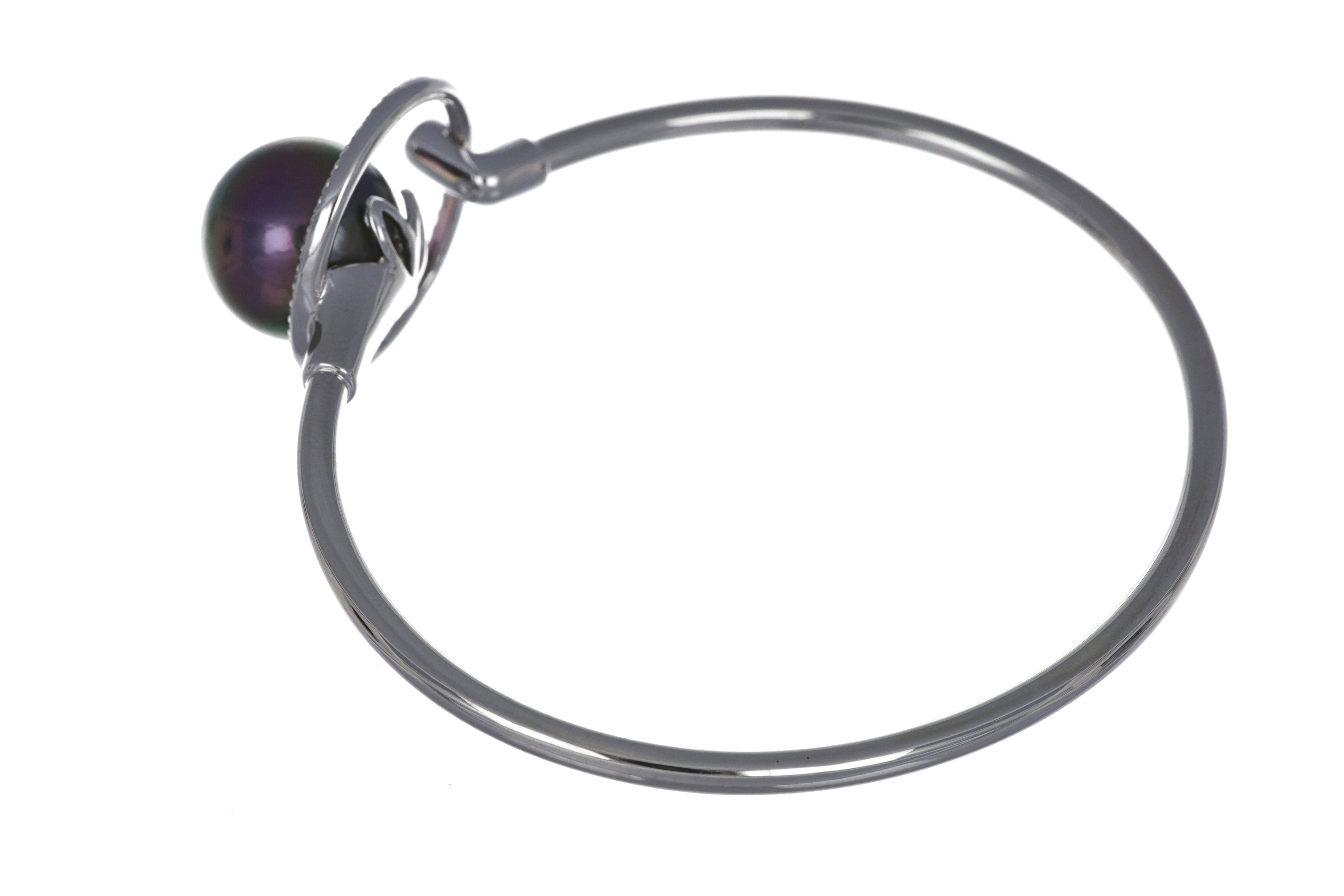 12mm tahitian pearl bangle bracelet, 925 sterling silver with cubic zirconia, 57mm rhodium plating