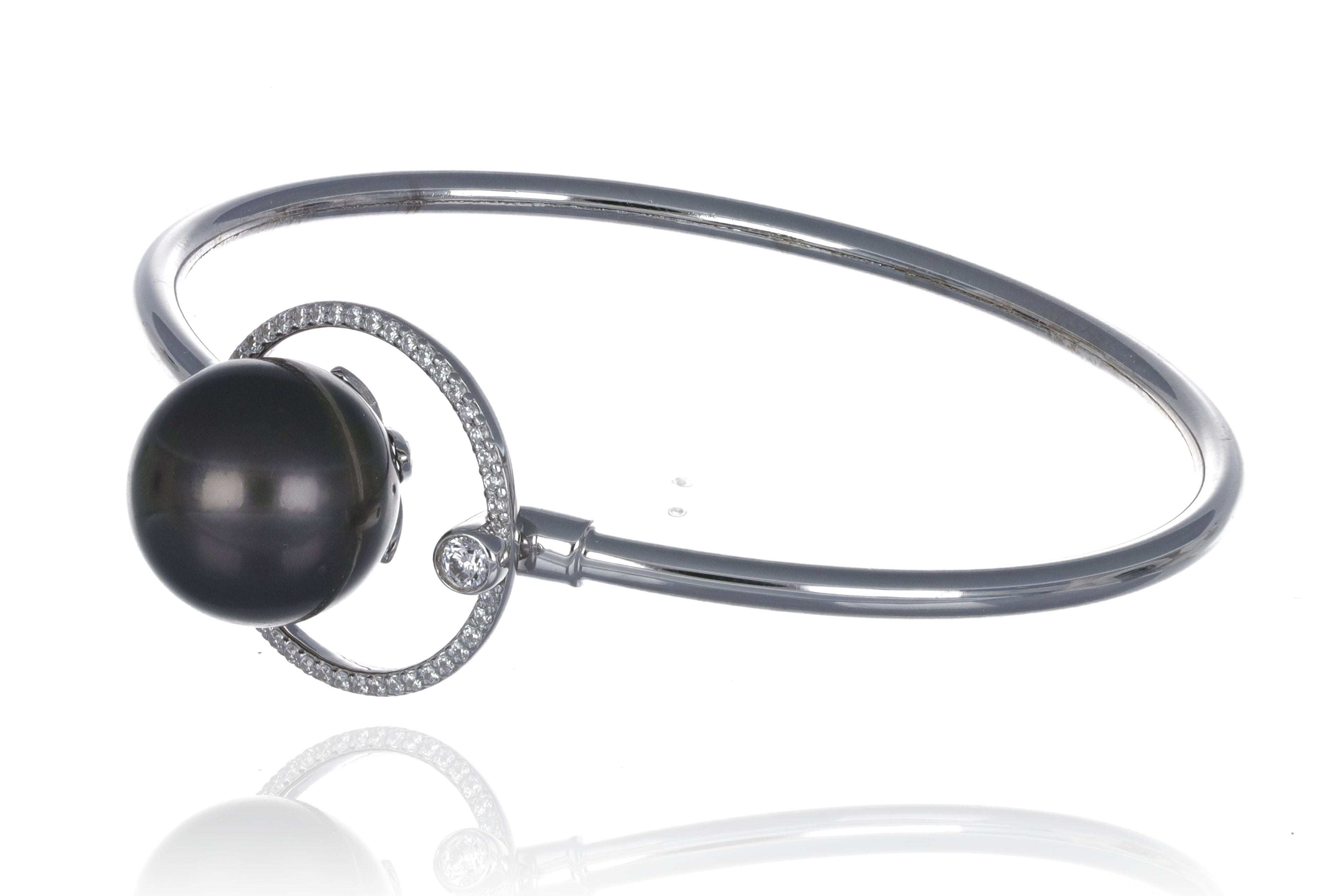 13mm tahitian pearl bangle bracelet, 925 sterling silver with cubic zirconia, 57mm rhodium plating