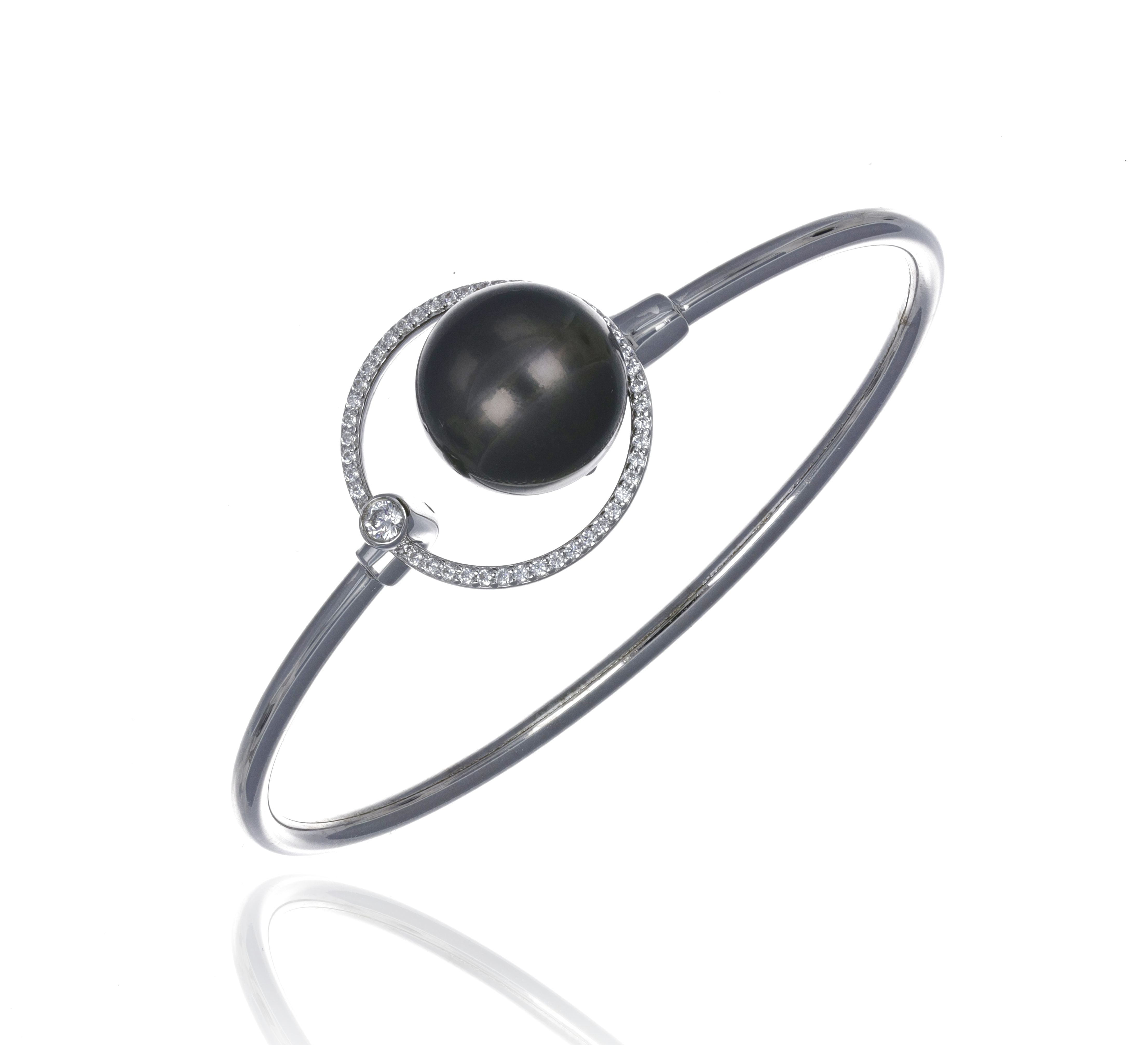 13mm tahitian pearl bangle bracelet, 925 sterling silver with cubic zirconia, 57mm rhodium plating