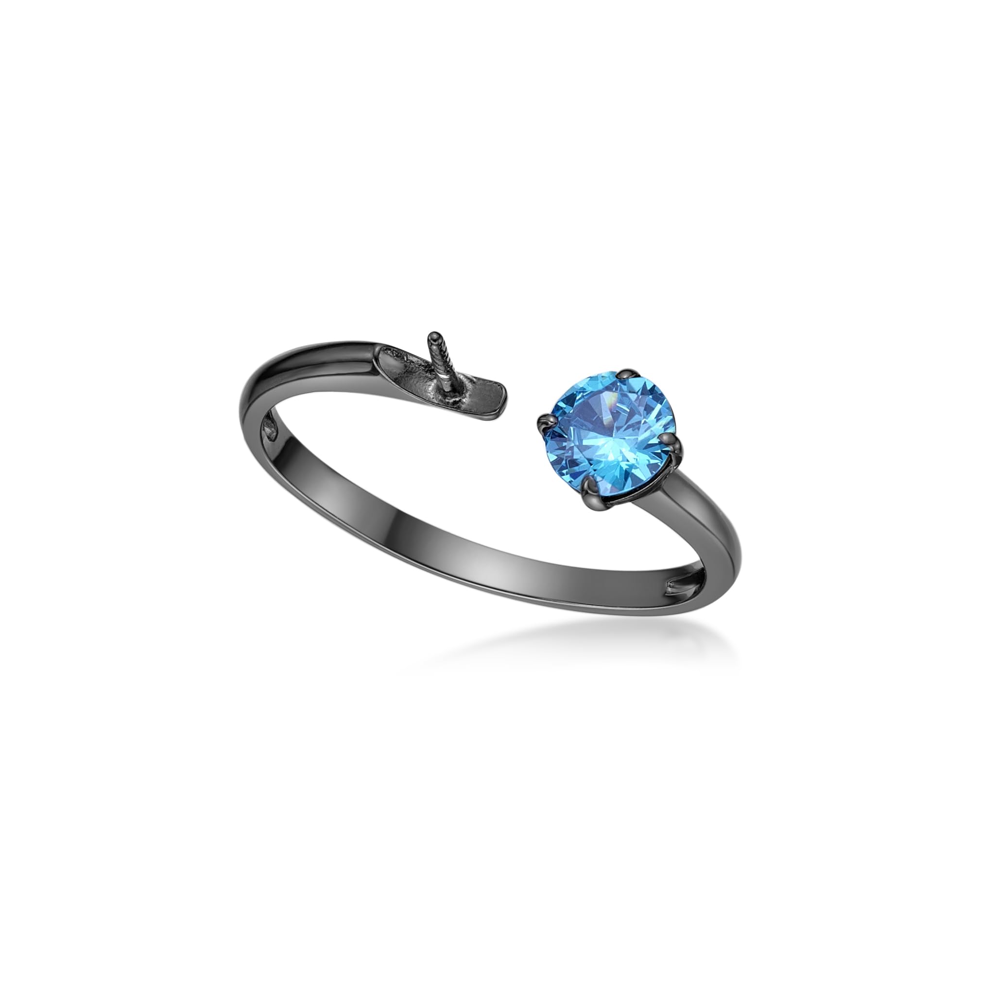 Stylish Black Rhodium Ring Mount with Sea Blue Cubic Zirconia for Pearl Creations
