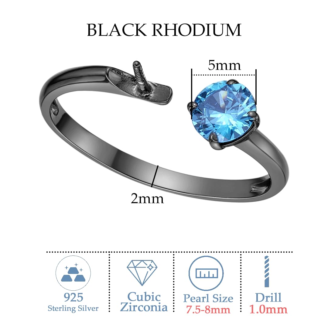 Stylish Black Rhodium Ring Mount with Sea Blue Cubic Zirconia for Pearl Creations