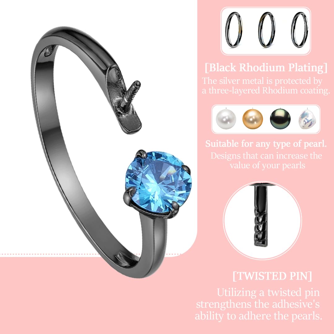 Stylish Black Rhodium Ring Mount with Sea Blue Cubic Zirconia for Pearl Creations