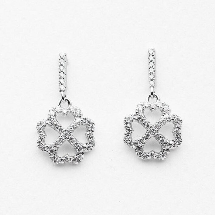 925 sterling silver stud dangle drop earrings cubic zirconia rhodium plated clover shape