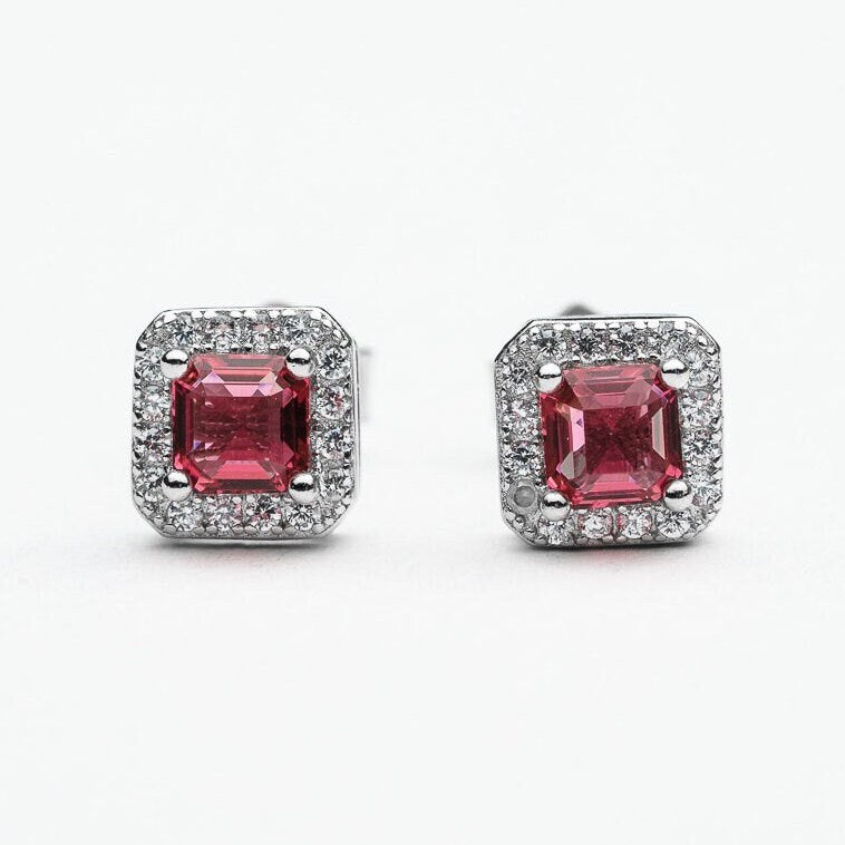 Red square cubic zircon stud earring 925 sterling silver rhodium plated 5a quality gemstone
