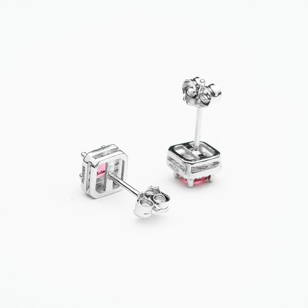 Red square cubic zircon stud earring 925 sterling silver rhodium plated 5a quality gemstone