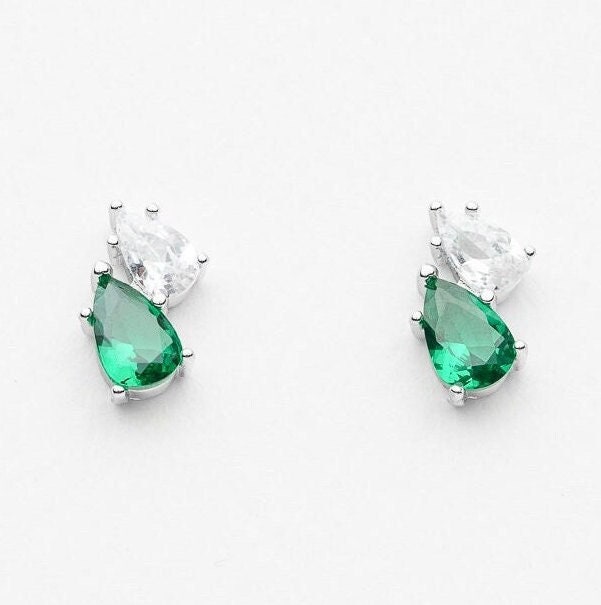925 sterling silver stud earrings pear emerald cut cubic zirconia rhodium plated jewelry design