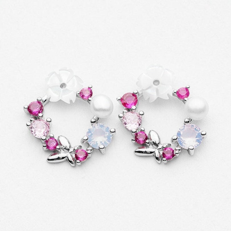 925 sterling silver stud earrings cubic zirconia shell pearl pink rhodium plated jewelry design