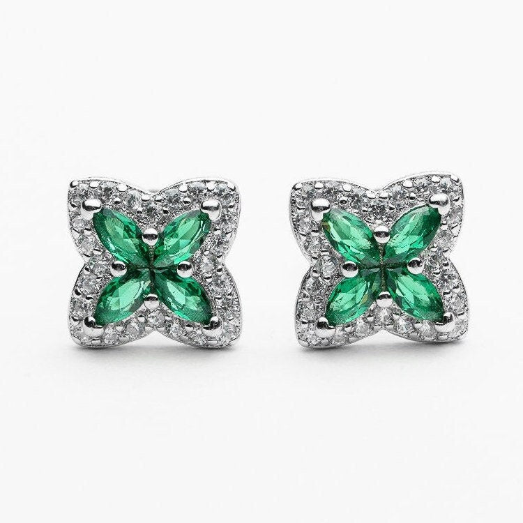 925 sterling silver stud earrings emerald cubic zirconia rhodium plated jewelry design