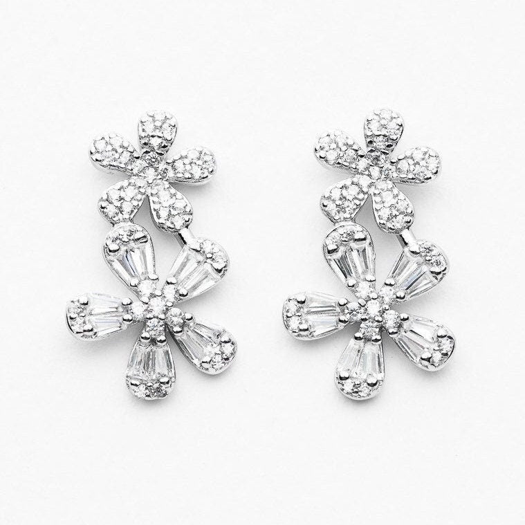 Elegant rhodium plated stud earrings 925 sterling silver & cubic zirconia