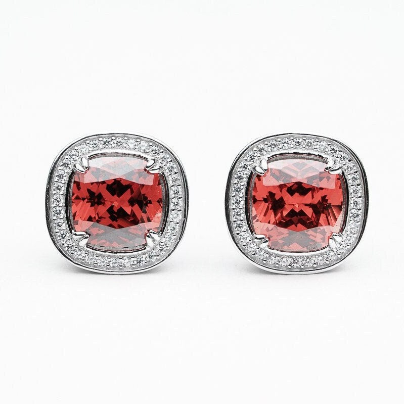 Large red cubic zircon stud earring 925 sterling silver rhodium plated 5a quality gemstone