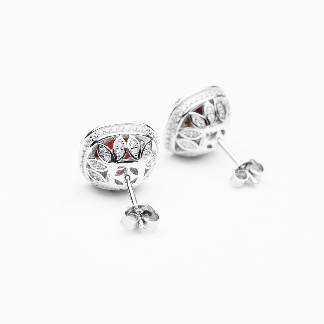 Large red cubic zircon stud earring 925 sterling silver rhodium plated 5a quality gemstone