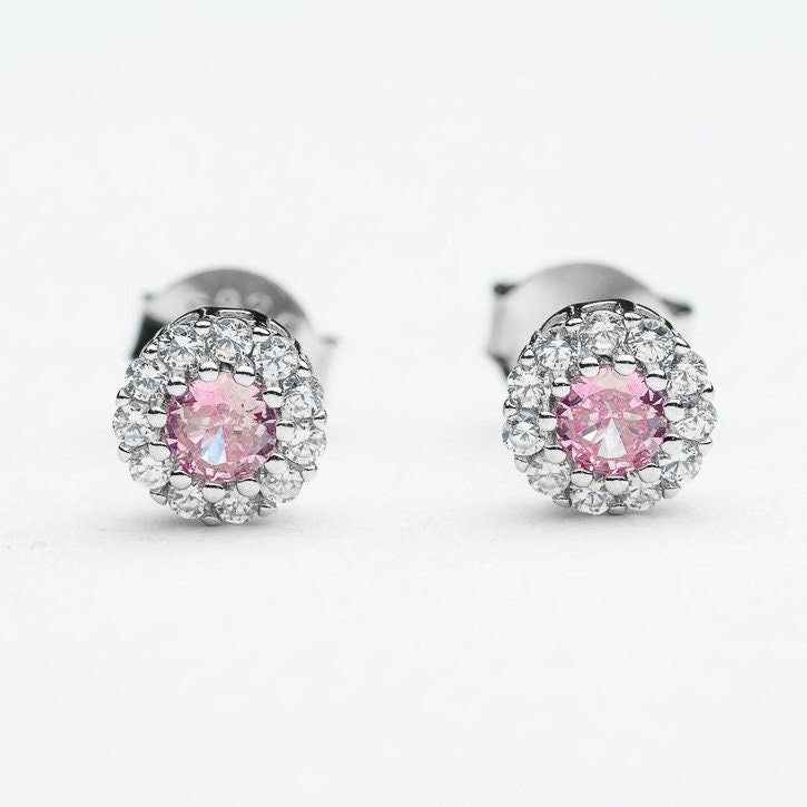 Mini pink cubic zircon stud earring 925 sterling silver rhodium plated 5a quality gemstone