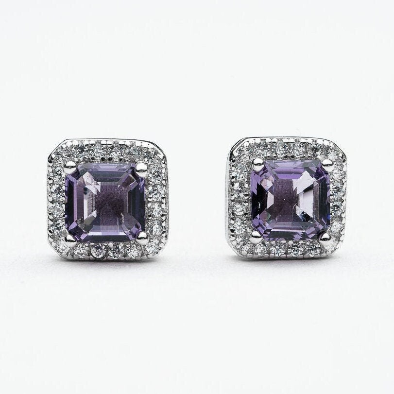 Purple cubic zircon stud earring 925 sterling silver rhodium plated 5a quality gemstone