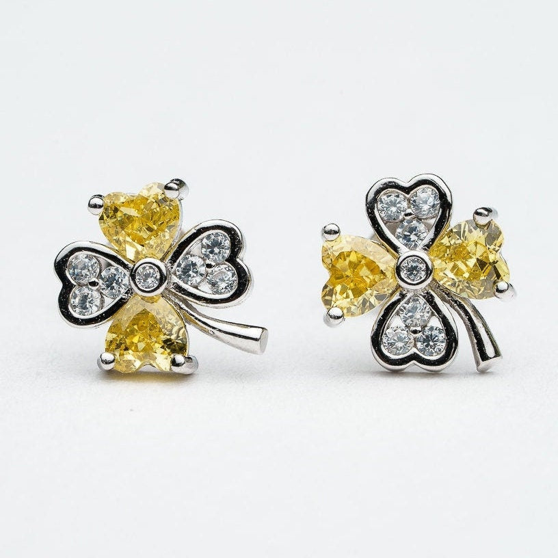 Yellow cubic zircon stud earring 925 sterling silver rhodium plated