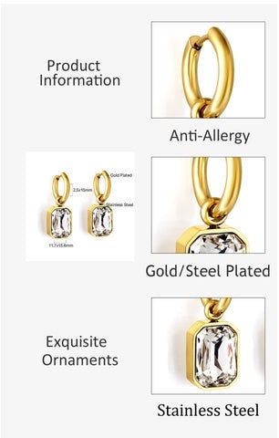 18k gold plating drop earrings jewelry for woman best gift for her stainless steel with white cubic zirconia