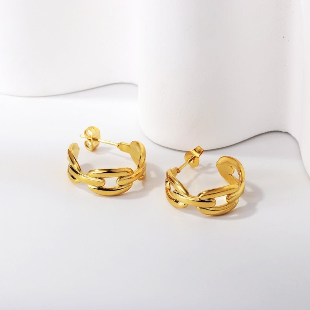 18k plating gold c hoop earrings, chunky gold hoop, gold c hoops earrings, women earrings, stainless steel